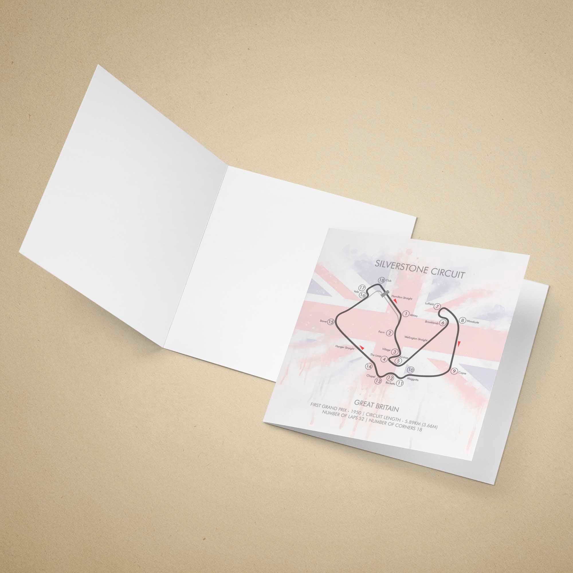 Greeting card with Silverstone race track illustration on a beige background
