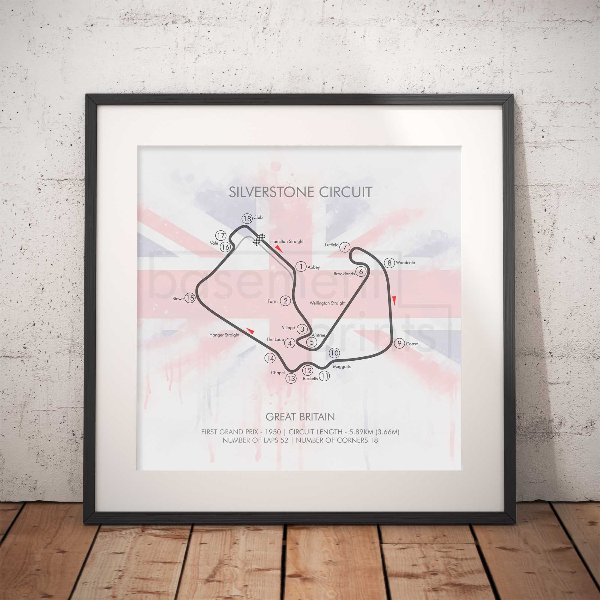 Map of Silverstone Circuit with a Union Jack design on a brick wall background.