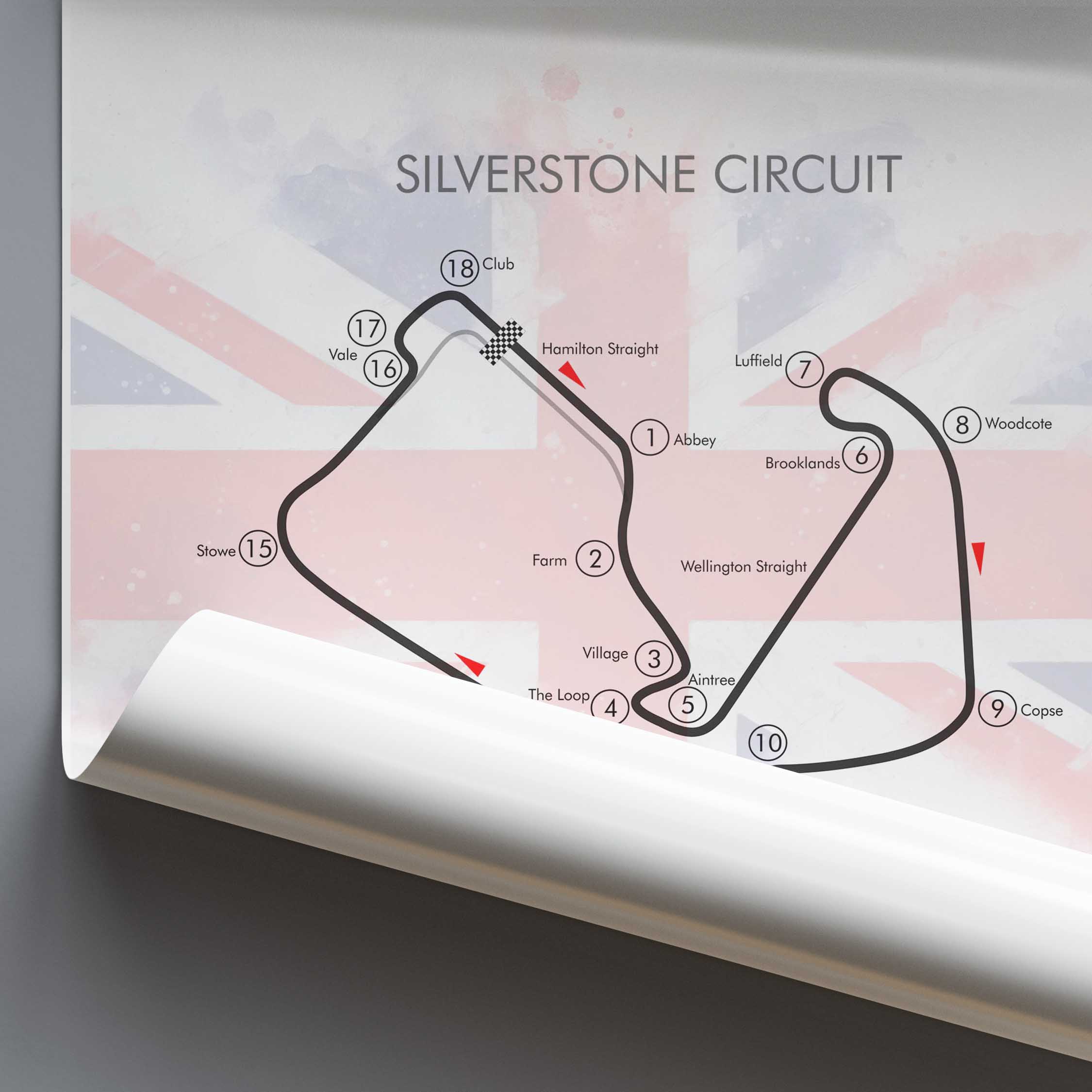Roll-up poster map of Silverstone Circuit with a Union Jack background
