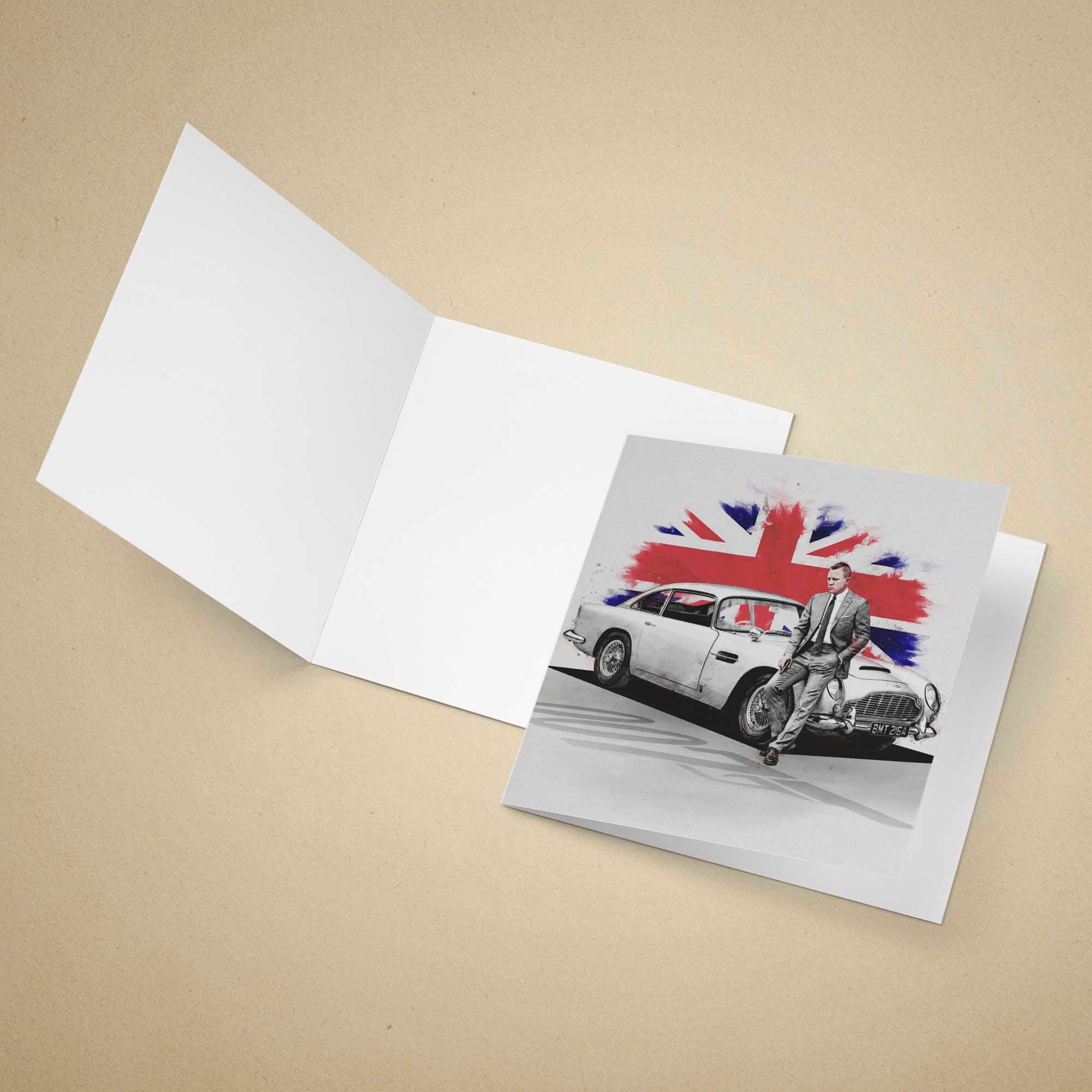 Greeting card with a Union Jack design featuring James Bond 007 on a beige background