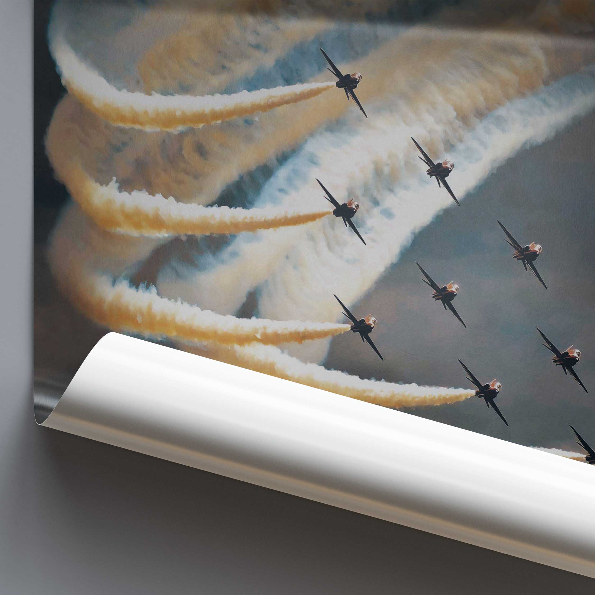 Roll of paper with a printed design of fighter jets and smoke trails on a dark background
