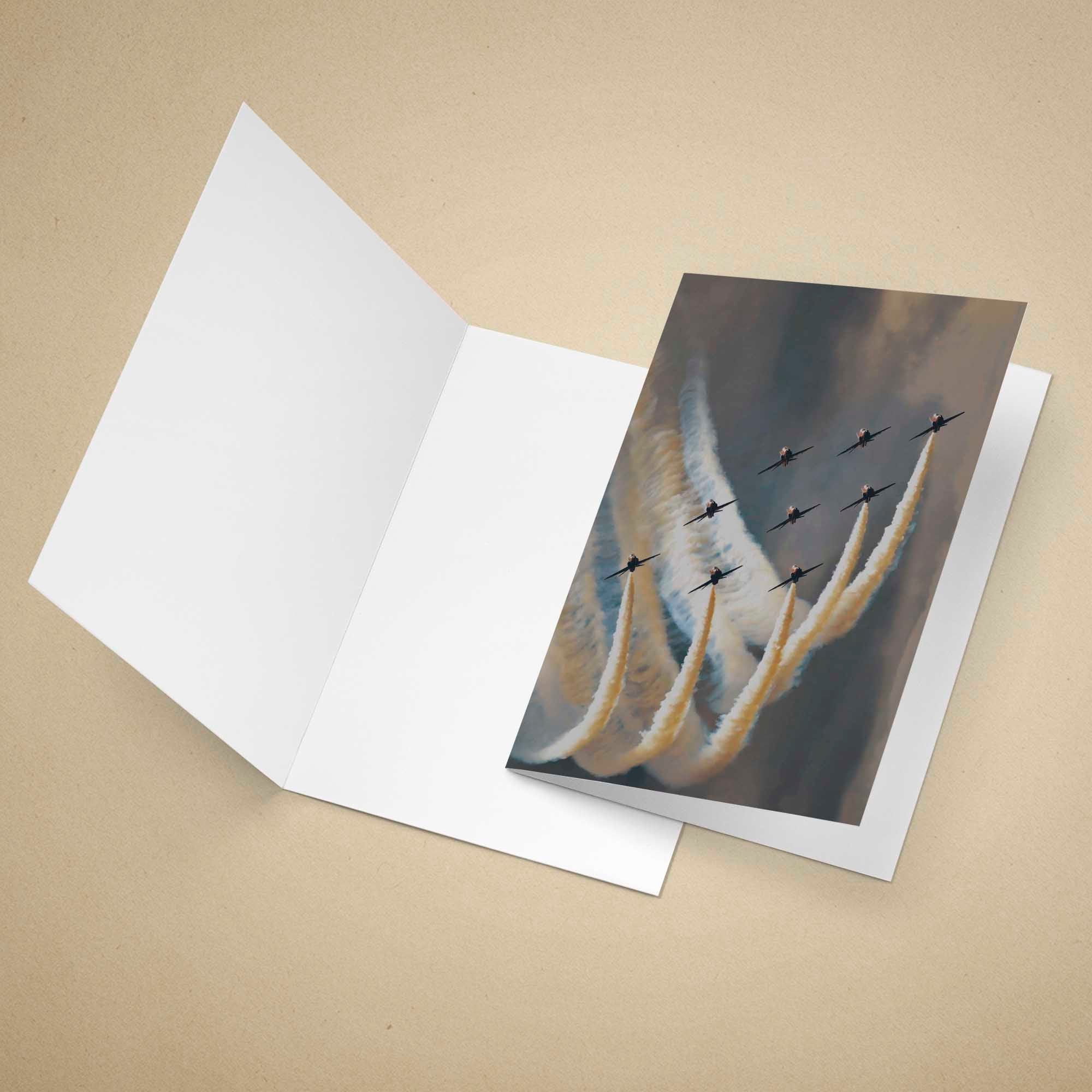 Greeting card with an military airplane formation on a beige background