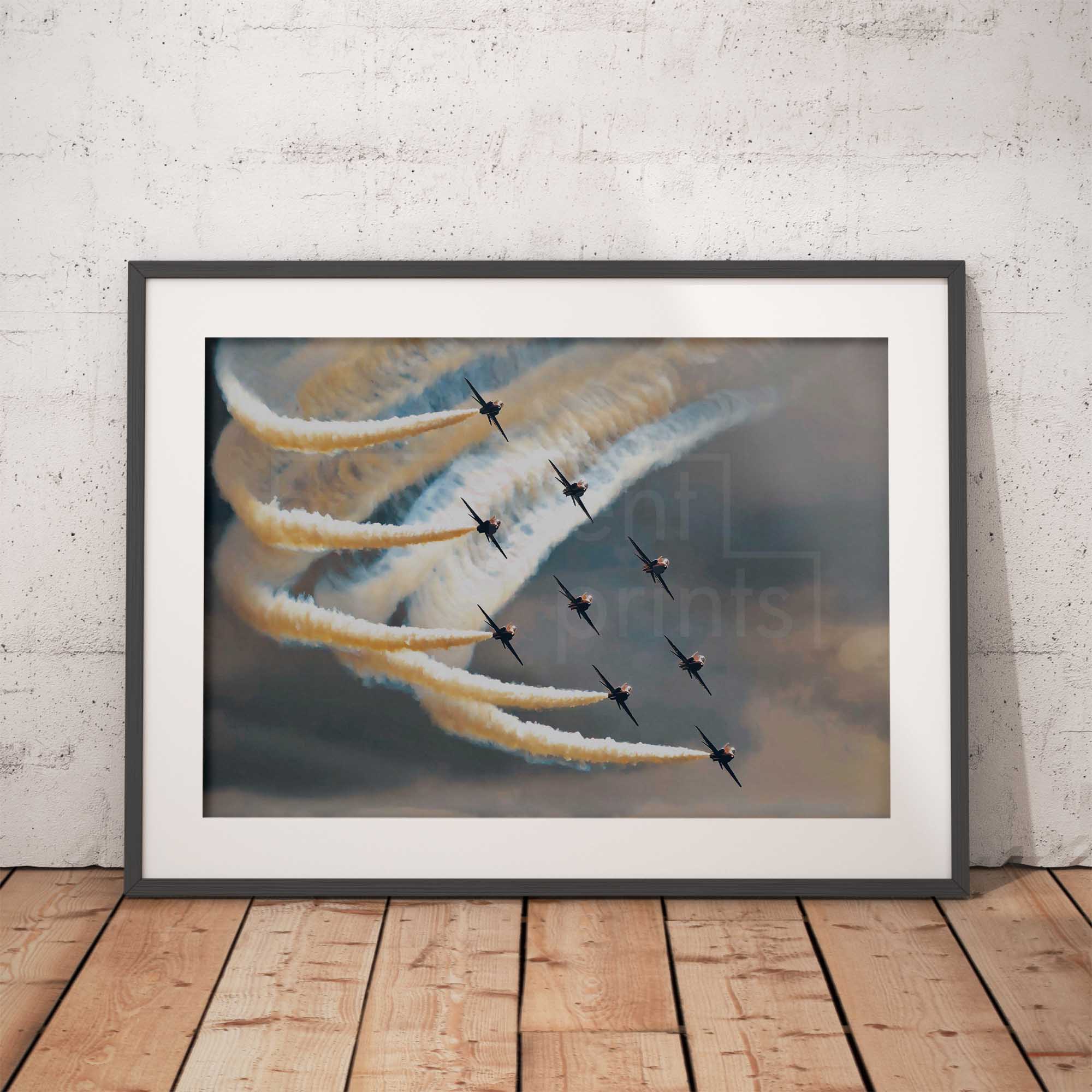 Artwork of an air show with the Red Arrows and smoke trails.