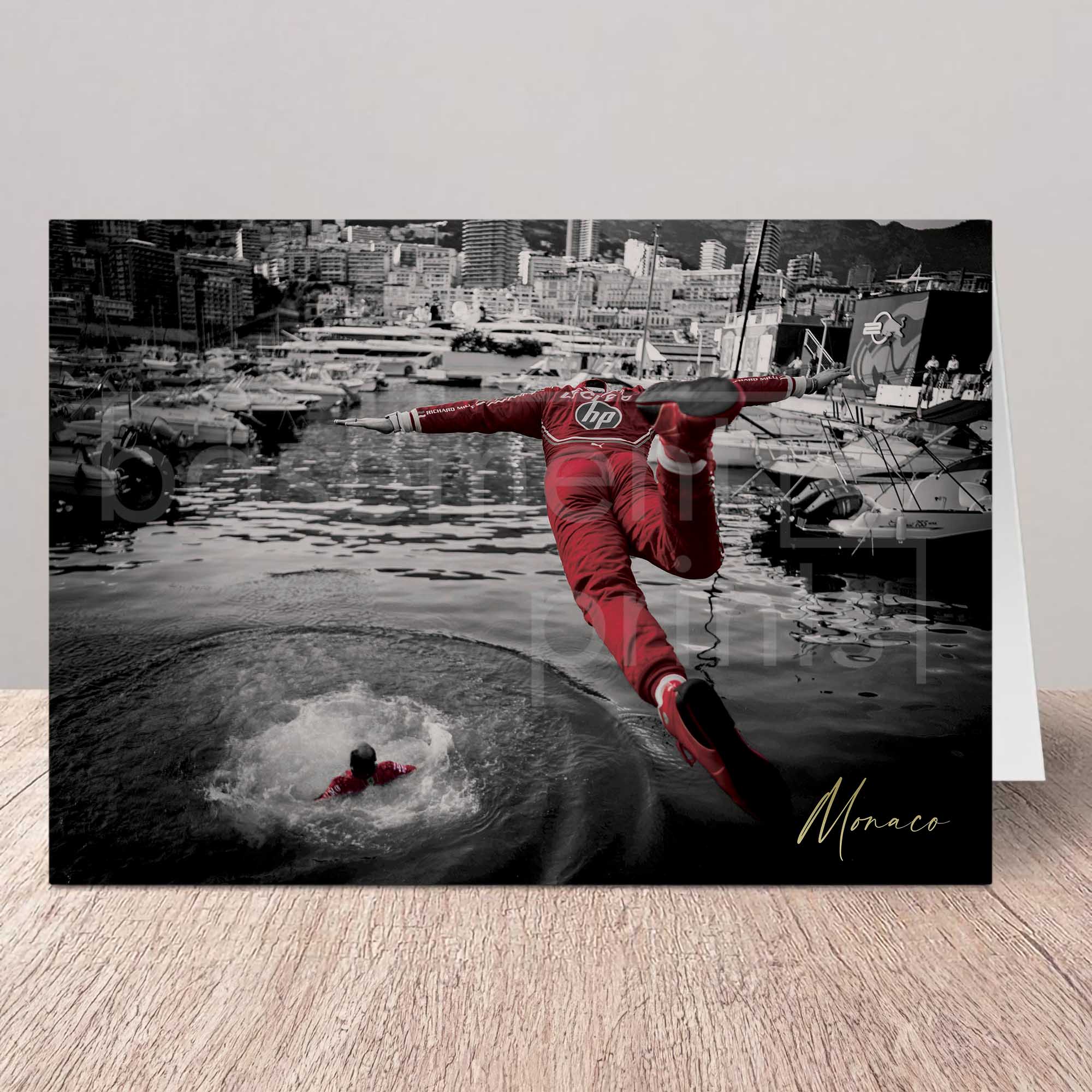Birthday Card of a Charles Leclerc performing a dive into water in Monaco harbour