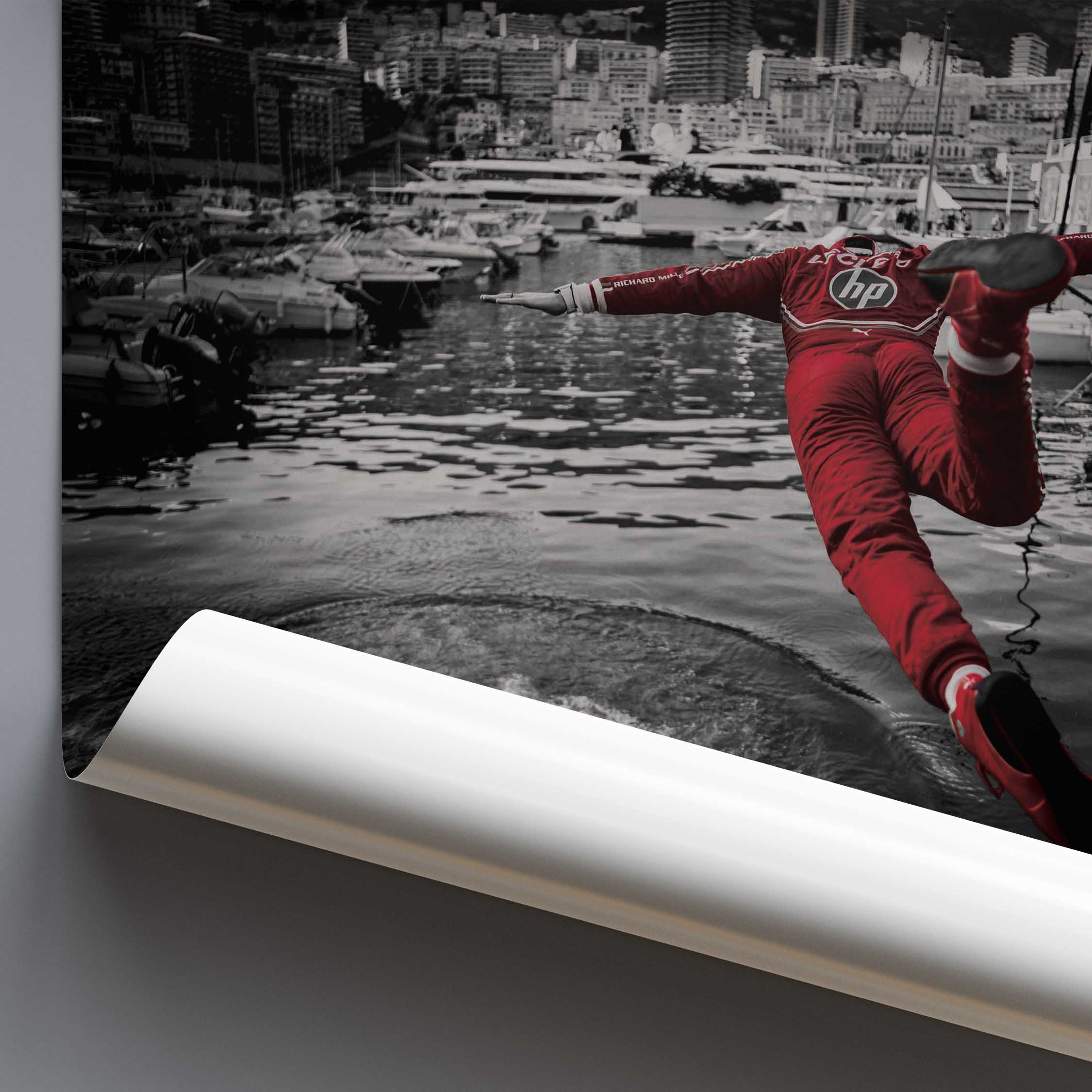 Poster of a Charles Leclerc performing a dive into the water in Monaco for Ferrari F1.