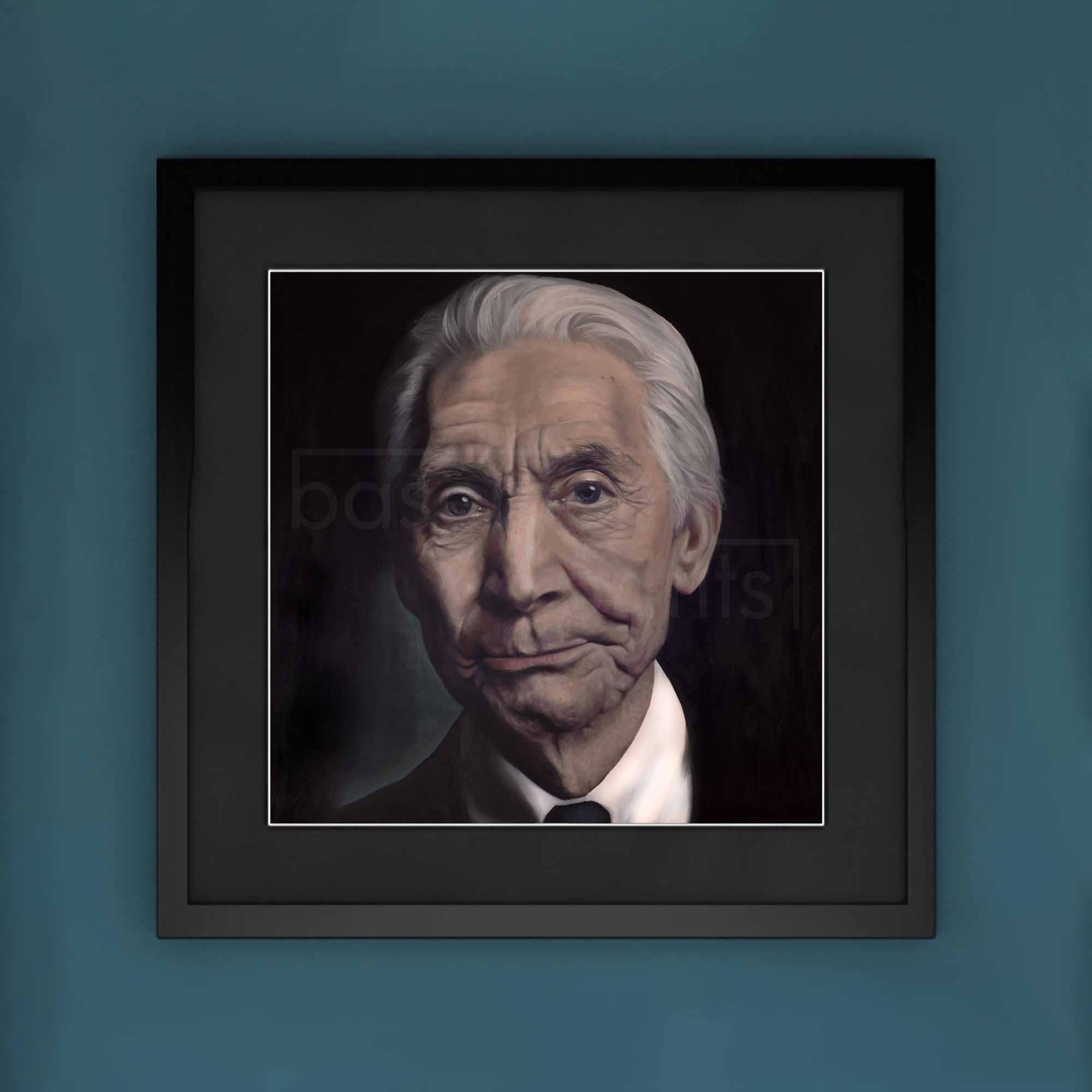 Framed portrait of Charlie Watts on a blue wall
