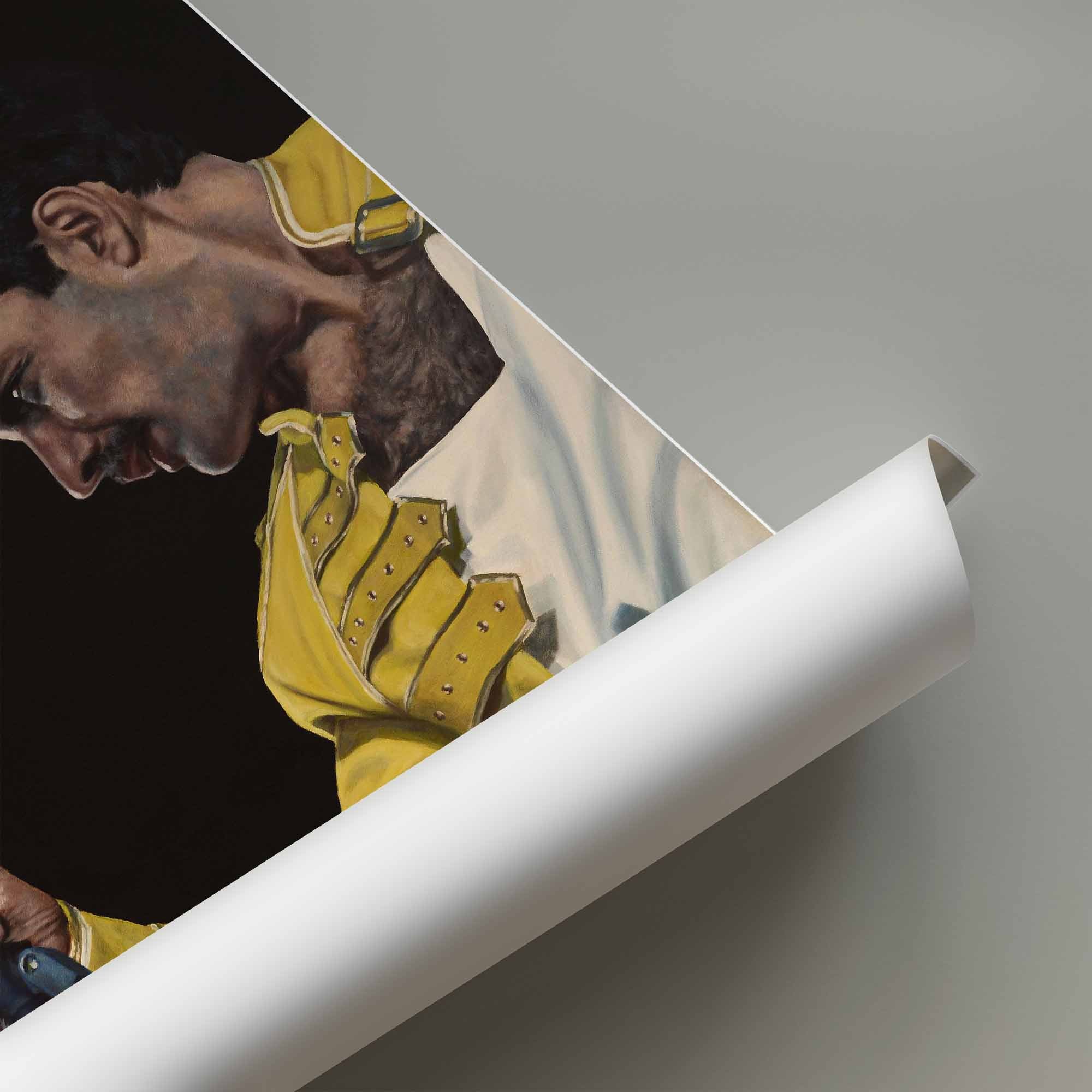 Rolled up poster with a portrait of Freddie Mercury wearing a yellow jacket on a gray background