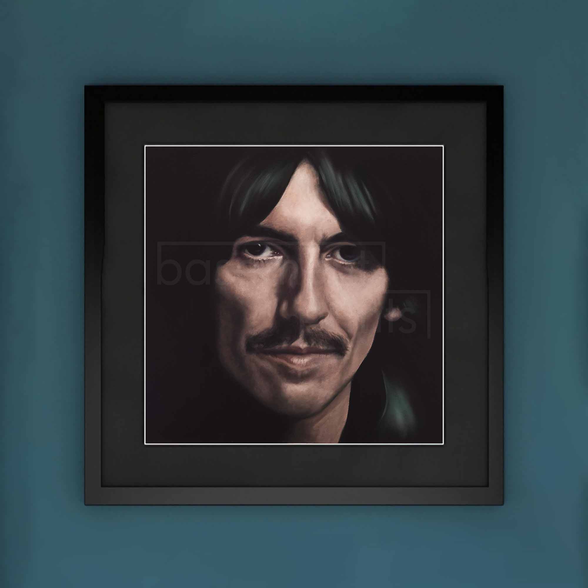 Framed portrait of George Harrison on a blue wall