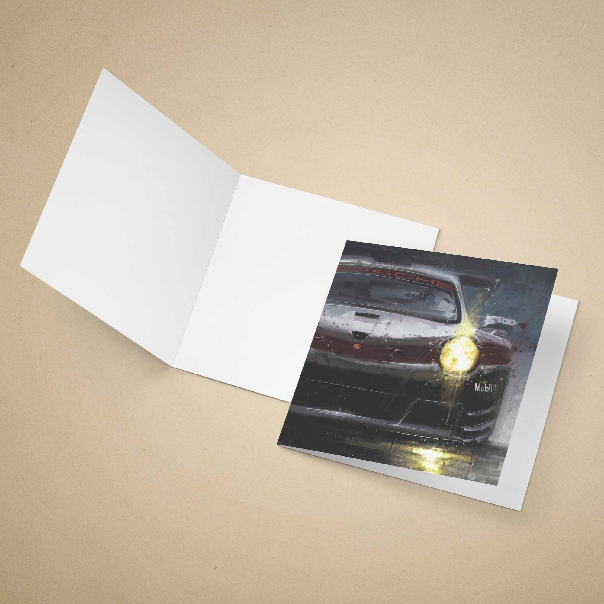 Greeting card with a Porsche 911 Supercup car design on a beige background.