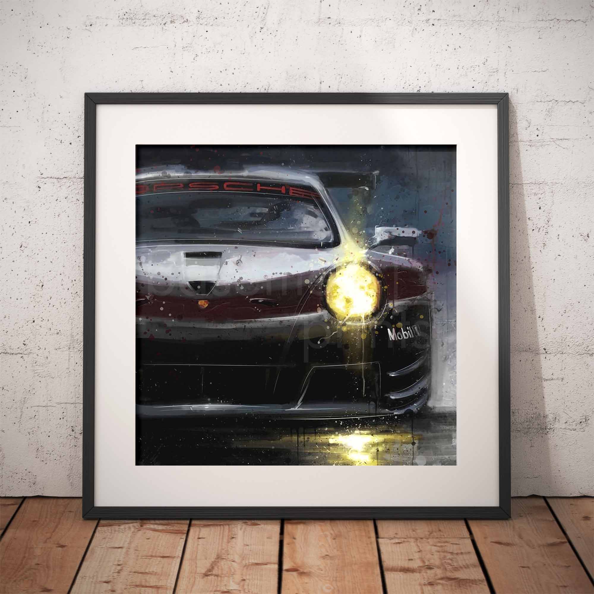 Framed artwork of a Porsche 911 Supercup car on a brick wall.