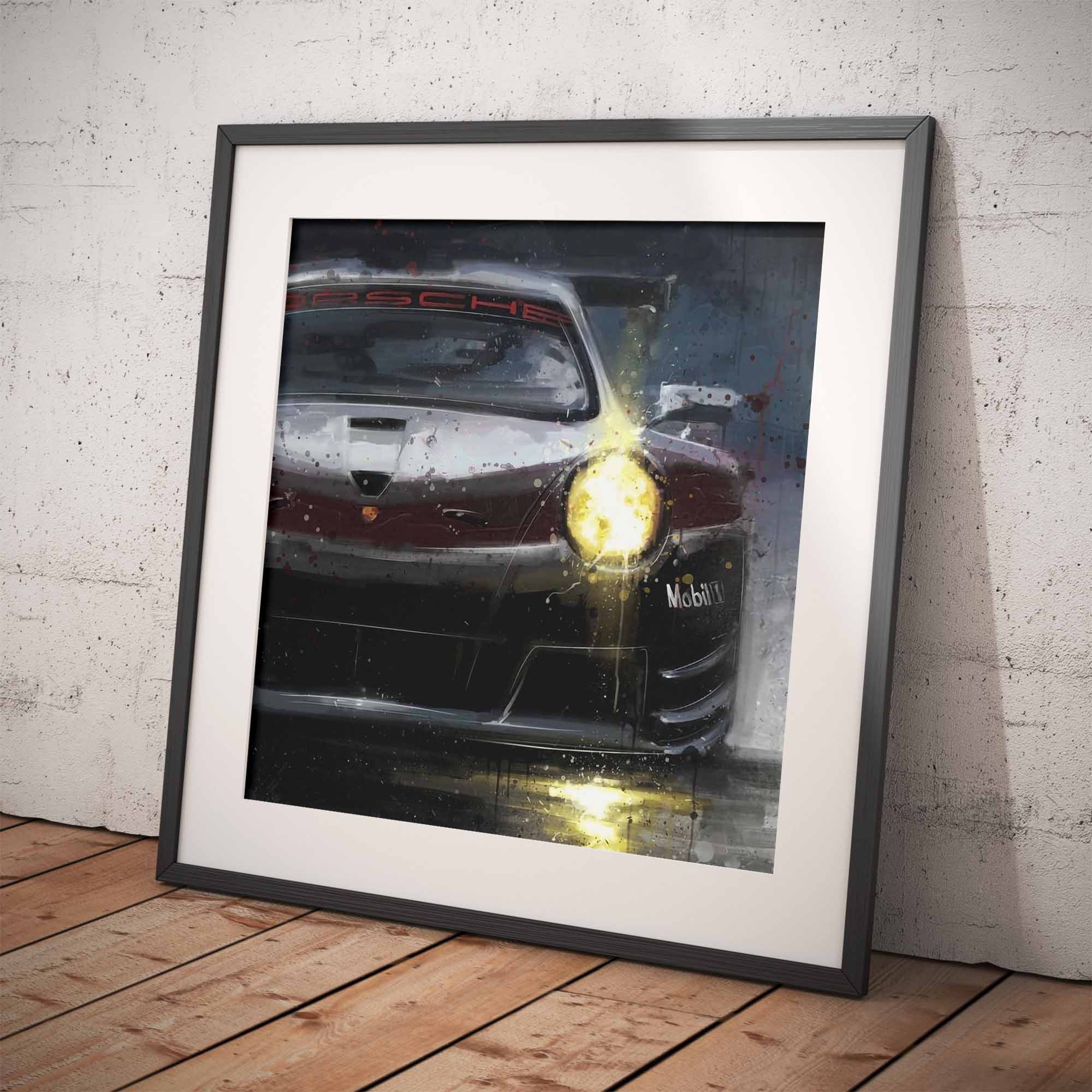 Framed artwork of a Porsche 911 Supercup car on a textured wall.