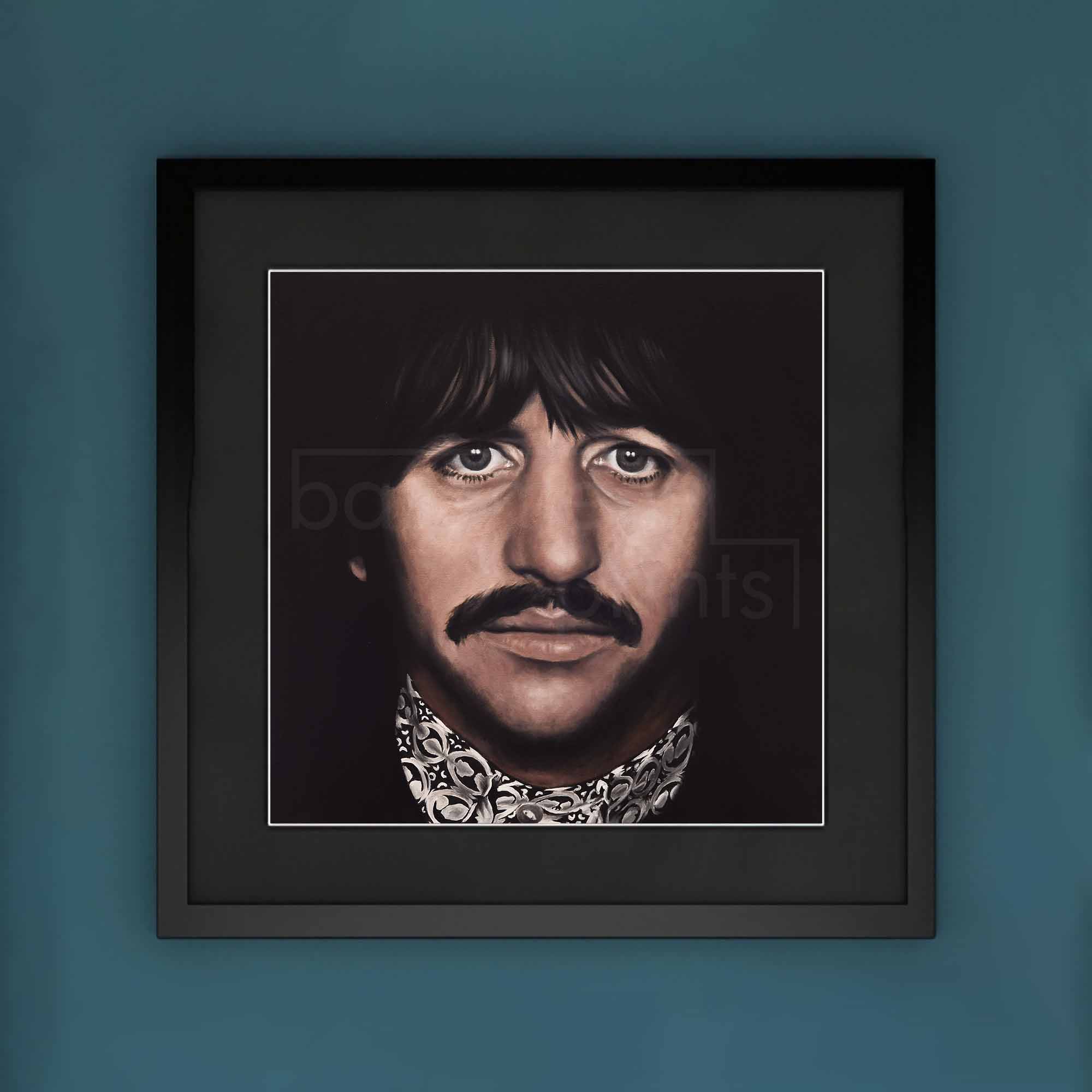 Framed portrait of Ringo Starr on a blue wall