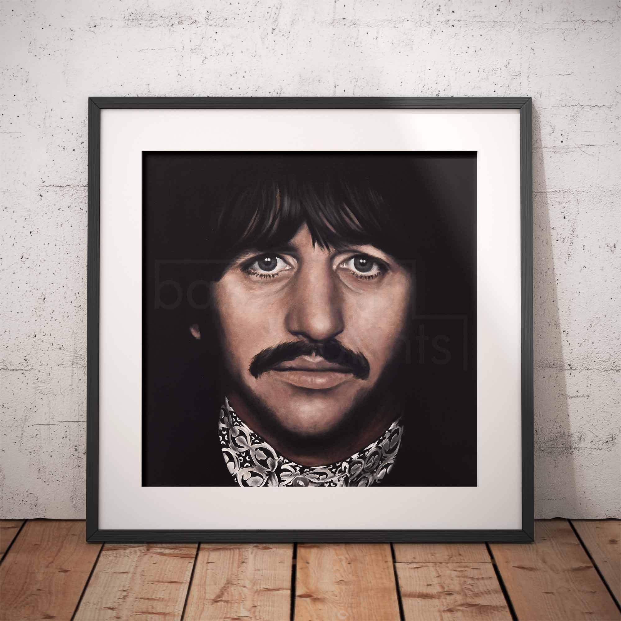 Framed portrait of Ringo Starr on a brick wall background