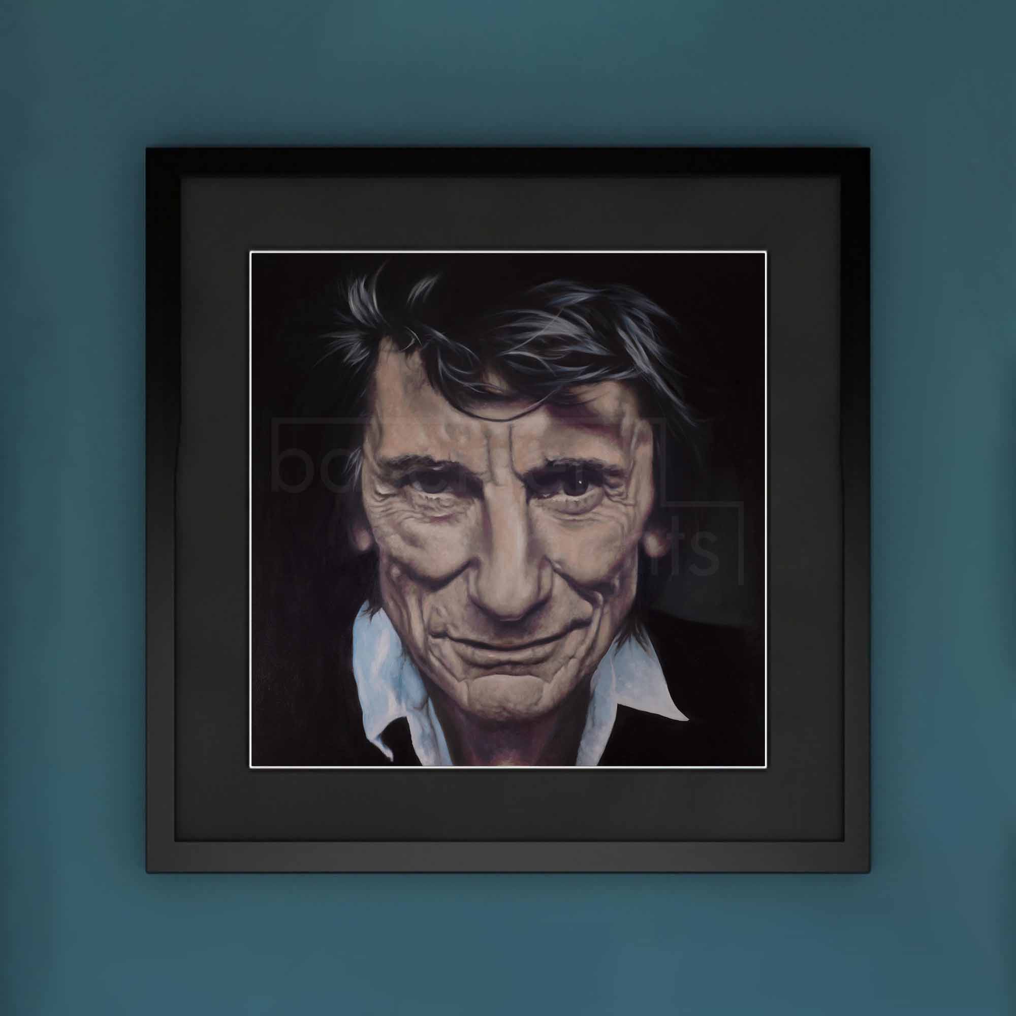 Framed portrait of Ronnie Wood on a blue wall
