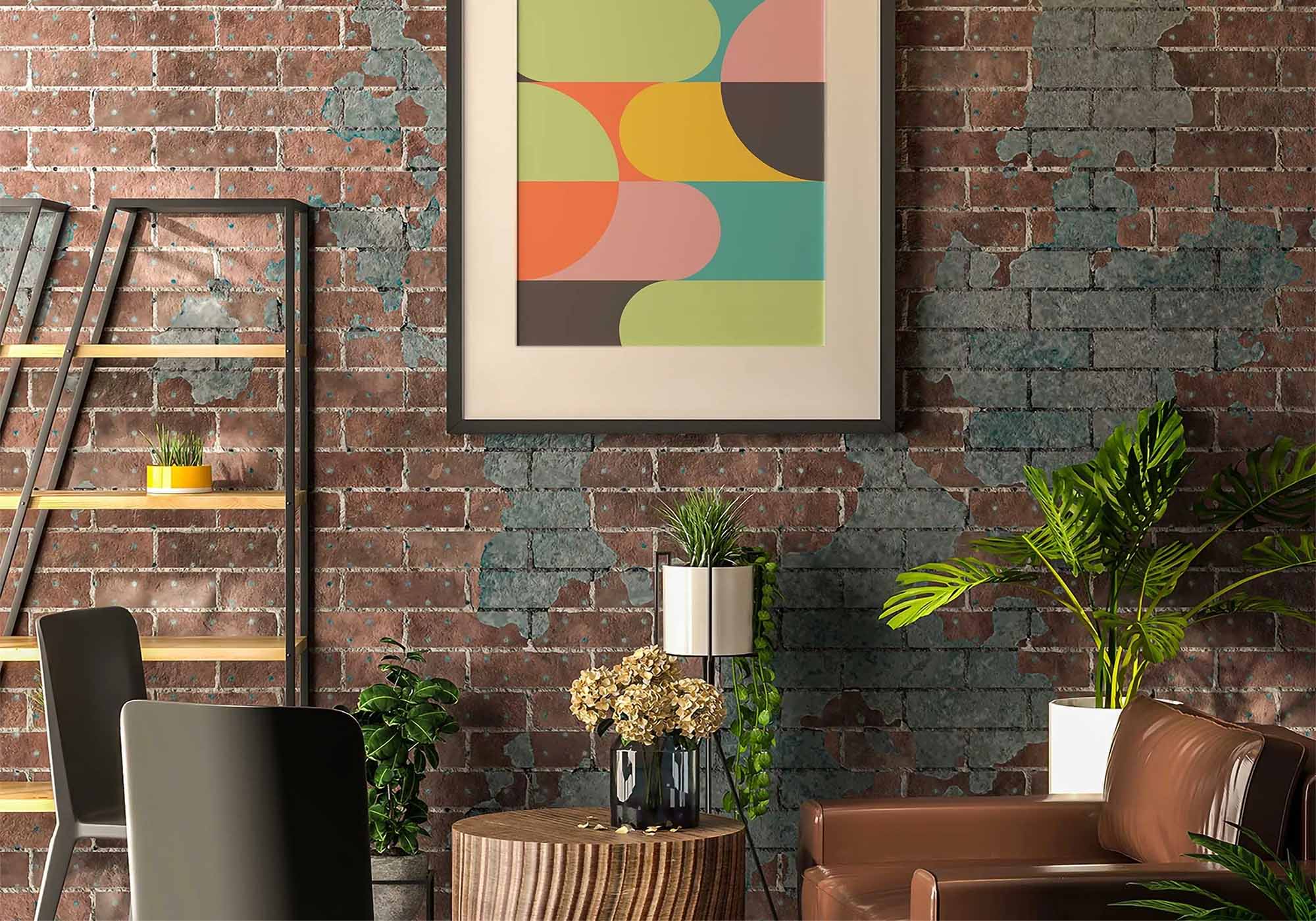 Modern interior with brick wall, colorful abstract art, and decorative plants.