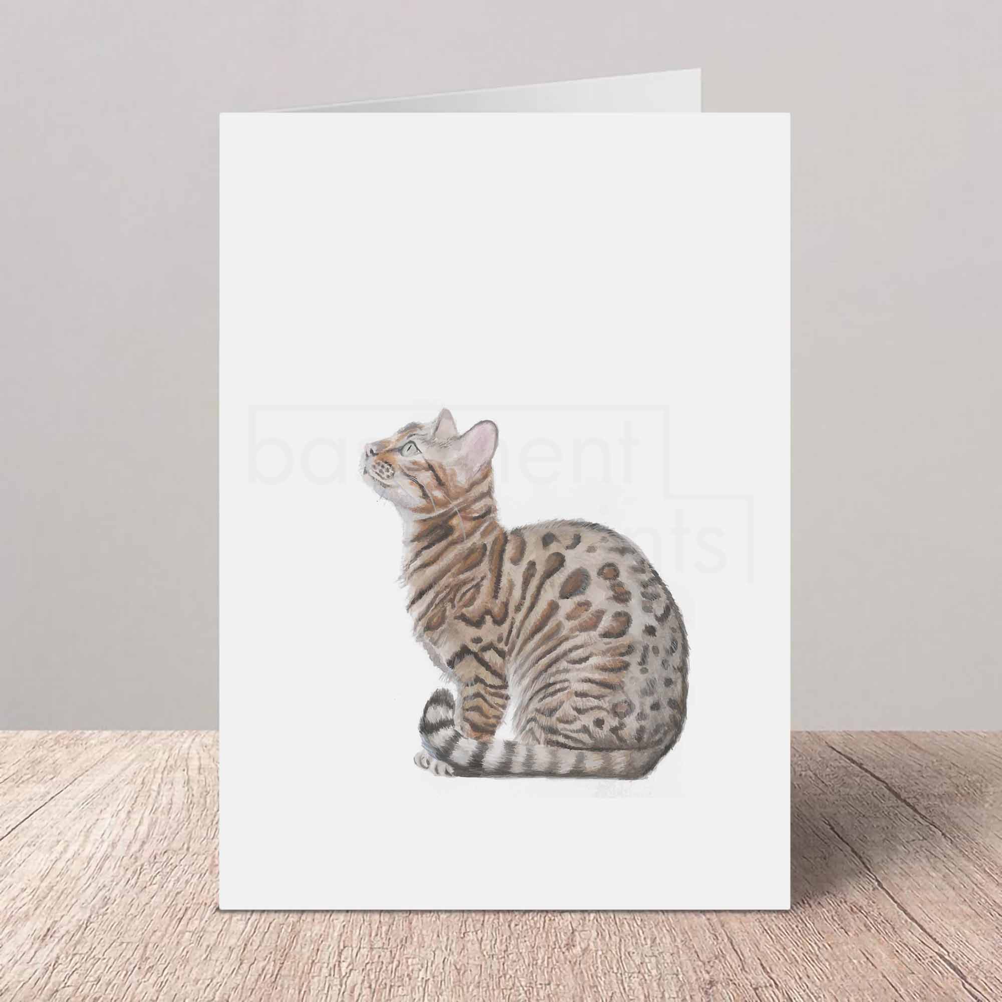 Greeting card with a Bengal cat illustration on a white background