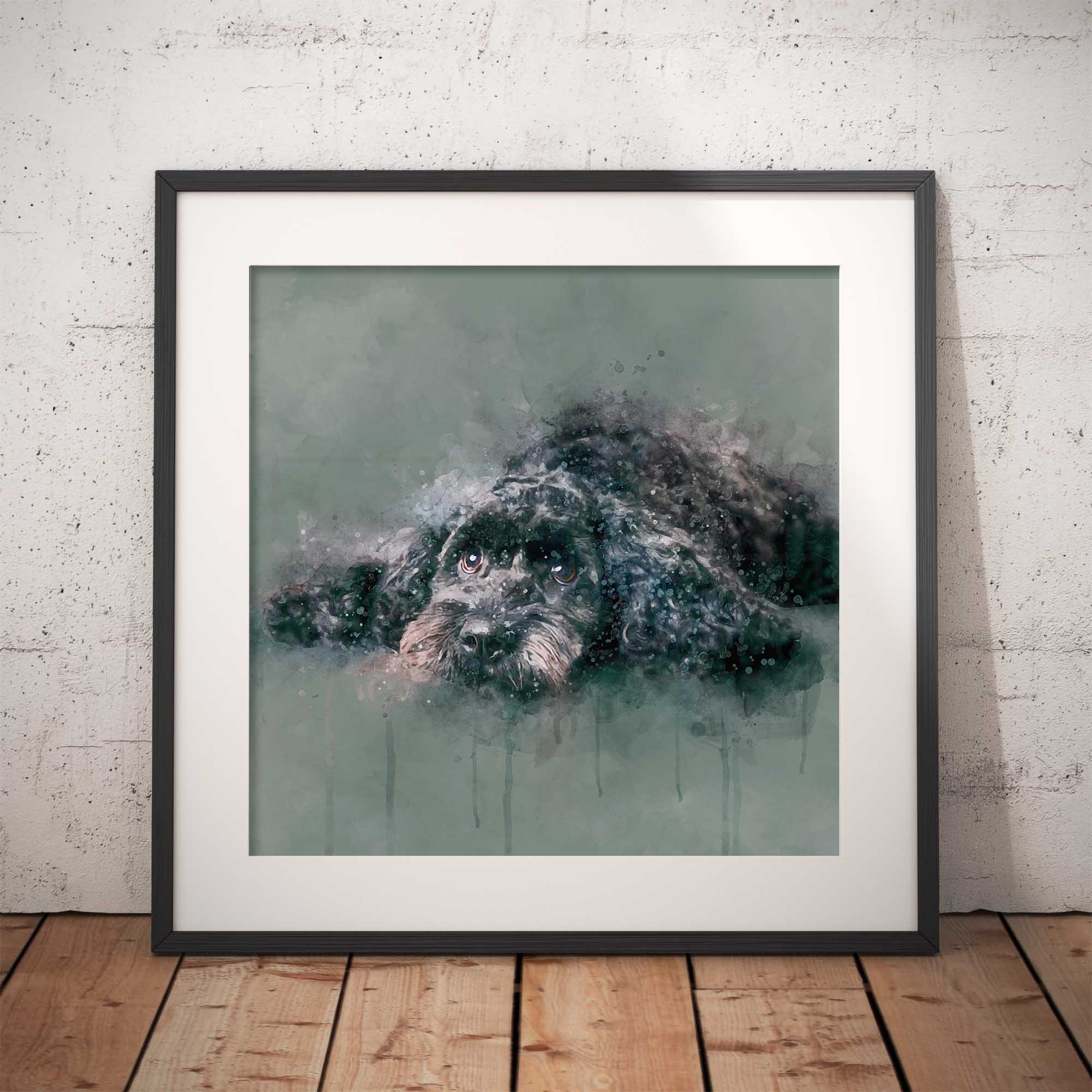 Framed artwork of a cockapoo digitally painted with watercolour on a textured wall.
