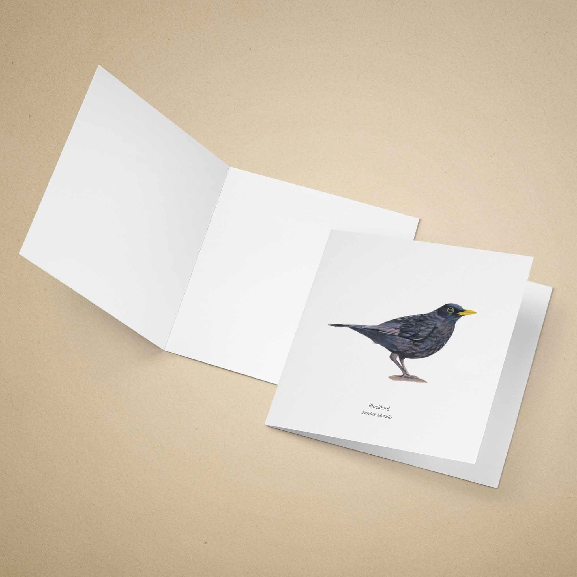 Greeting card with a blackbird illustration on a beige background