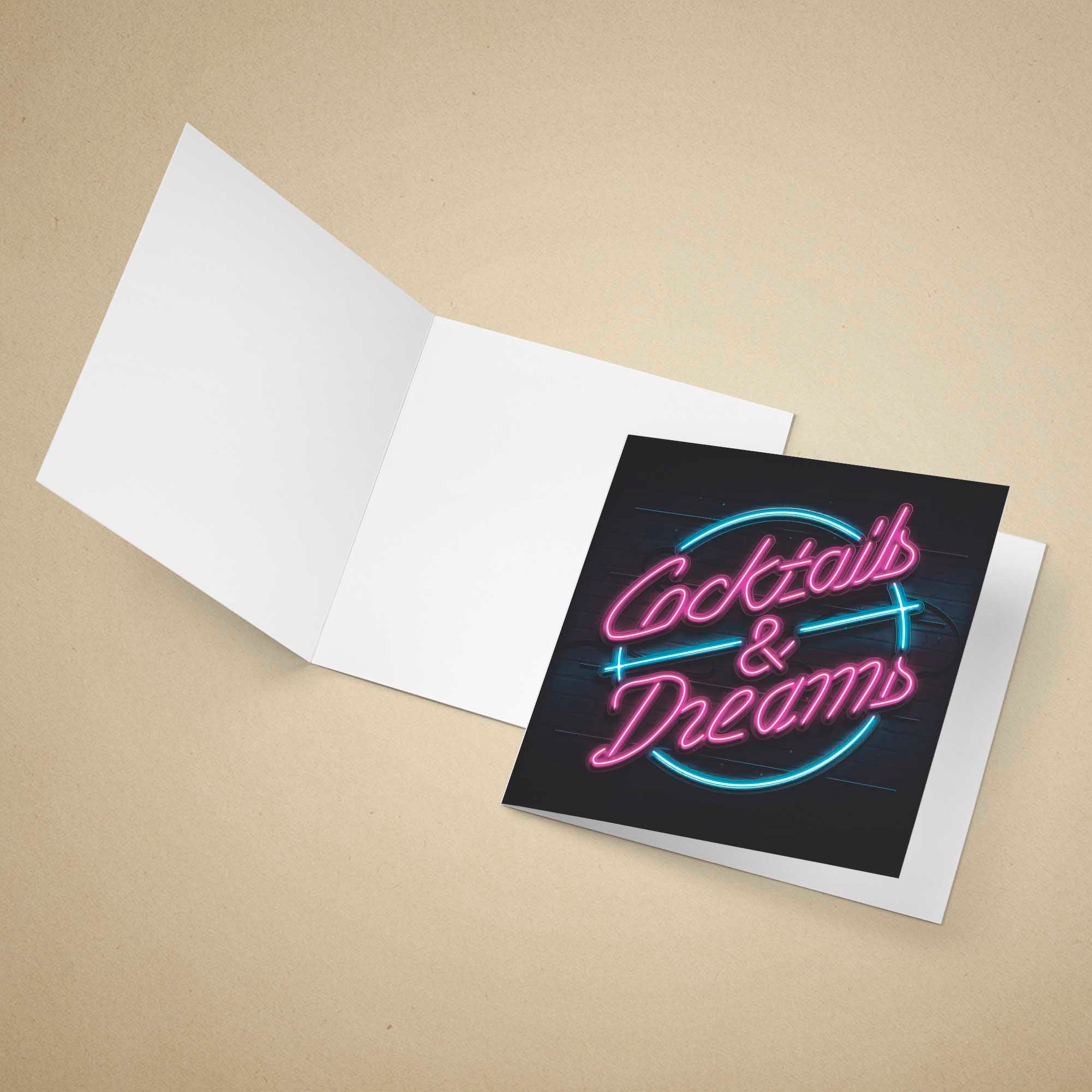 Greeting card with 'Cocktails & Dreams' neon-style text on a beige background