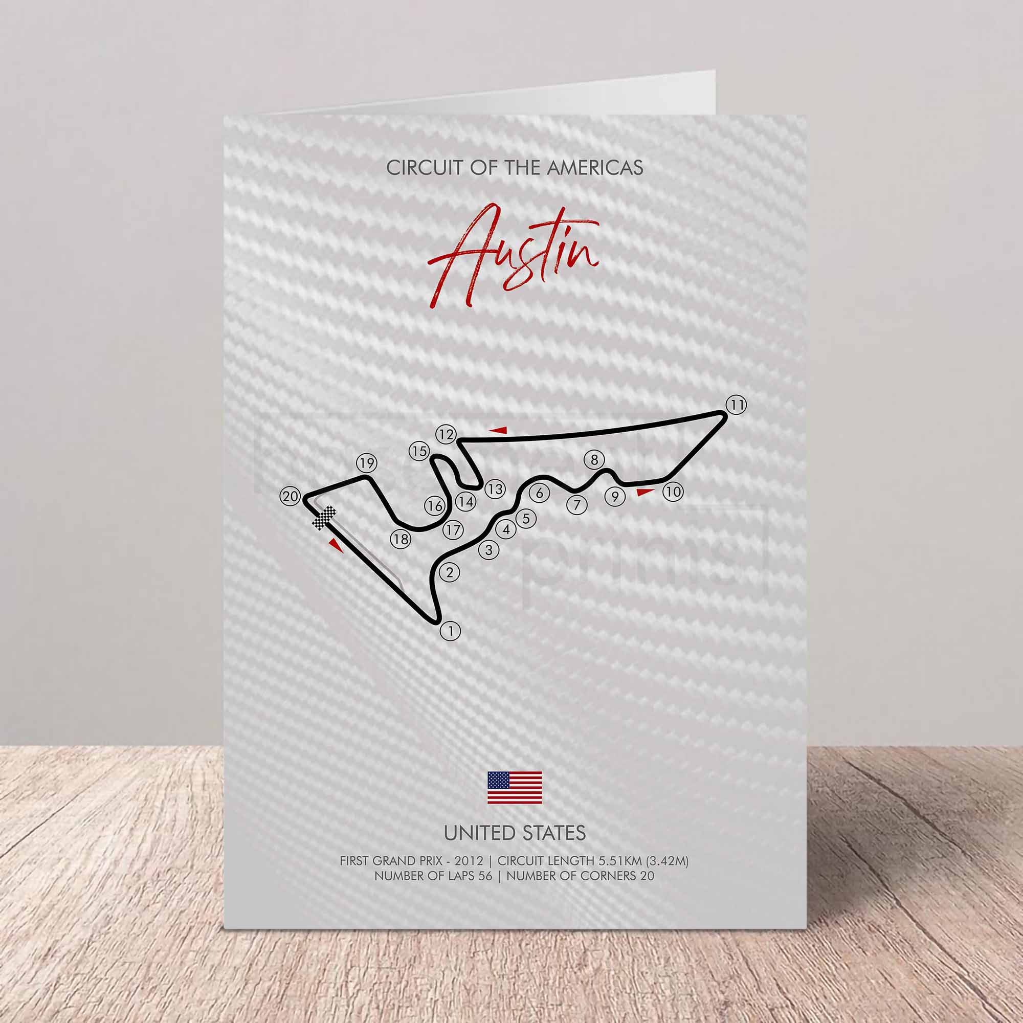 Greeting card of the Circuit of the Americas race track design on a white background.