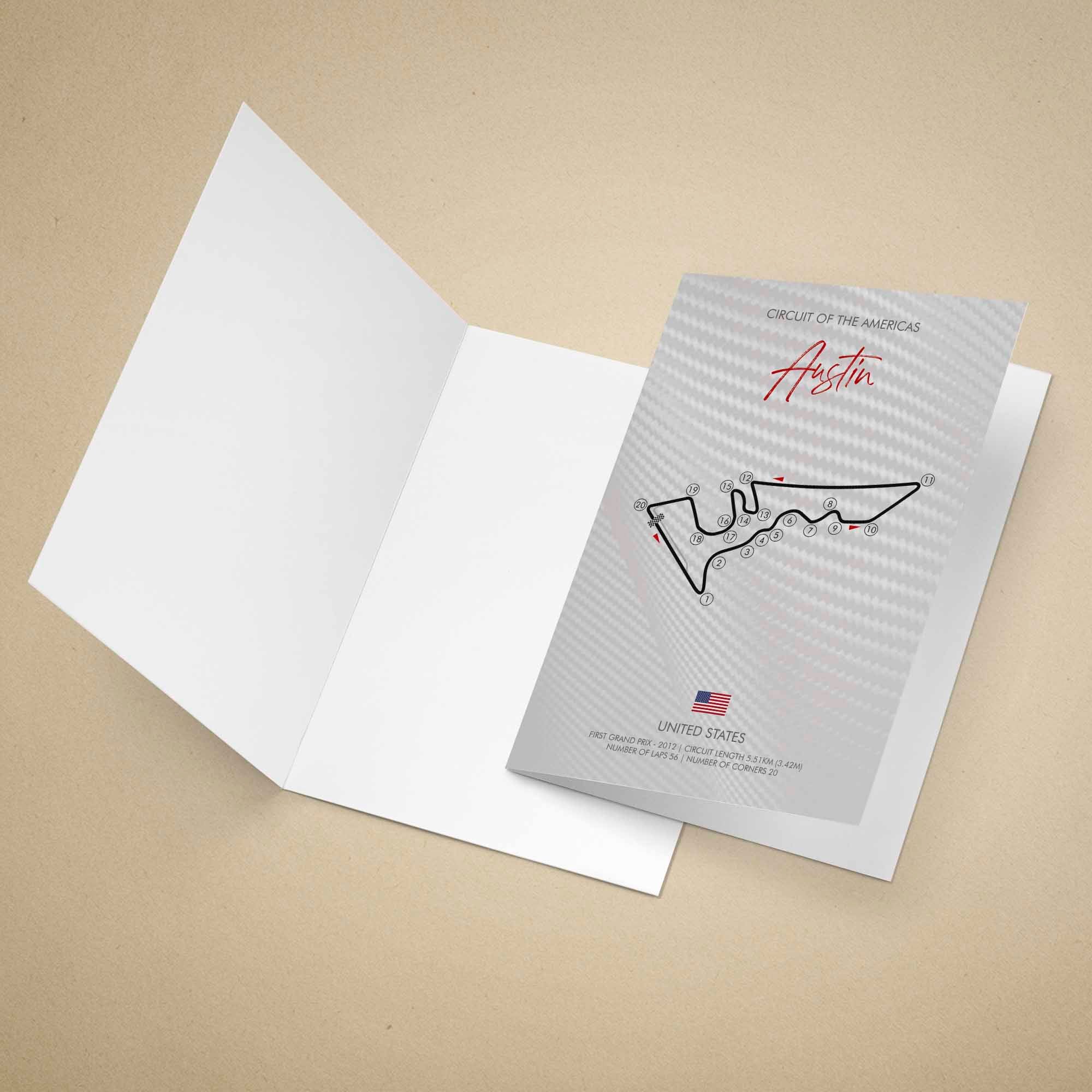 Greeting card of the Circuit of the Americas race track design on a beige background.