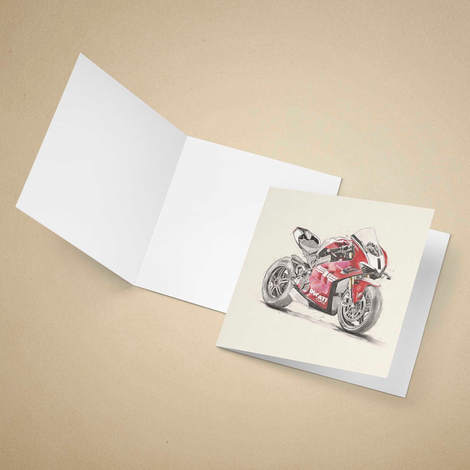 Greeting card with a red motorcycle illustration on a beige background