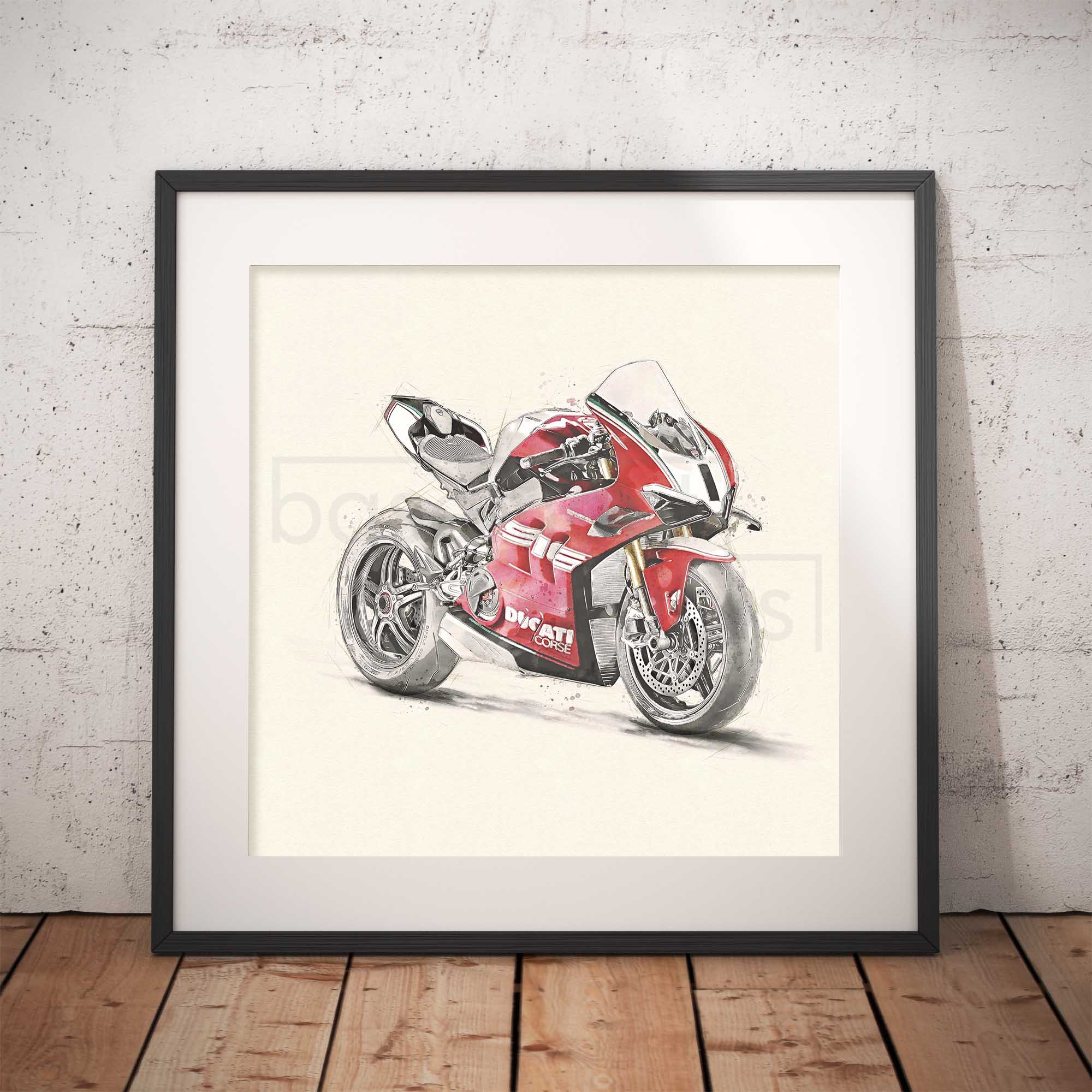 Framed artwork of a red Ducati 916 motorcycle on a white background