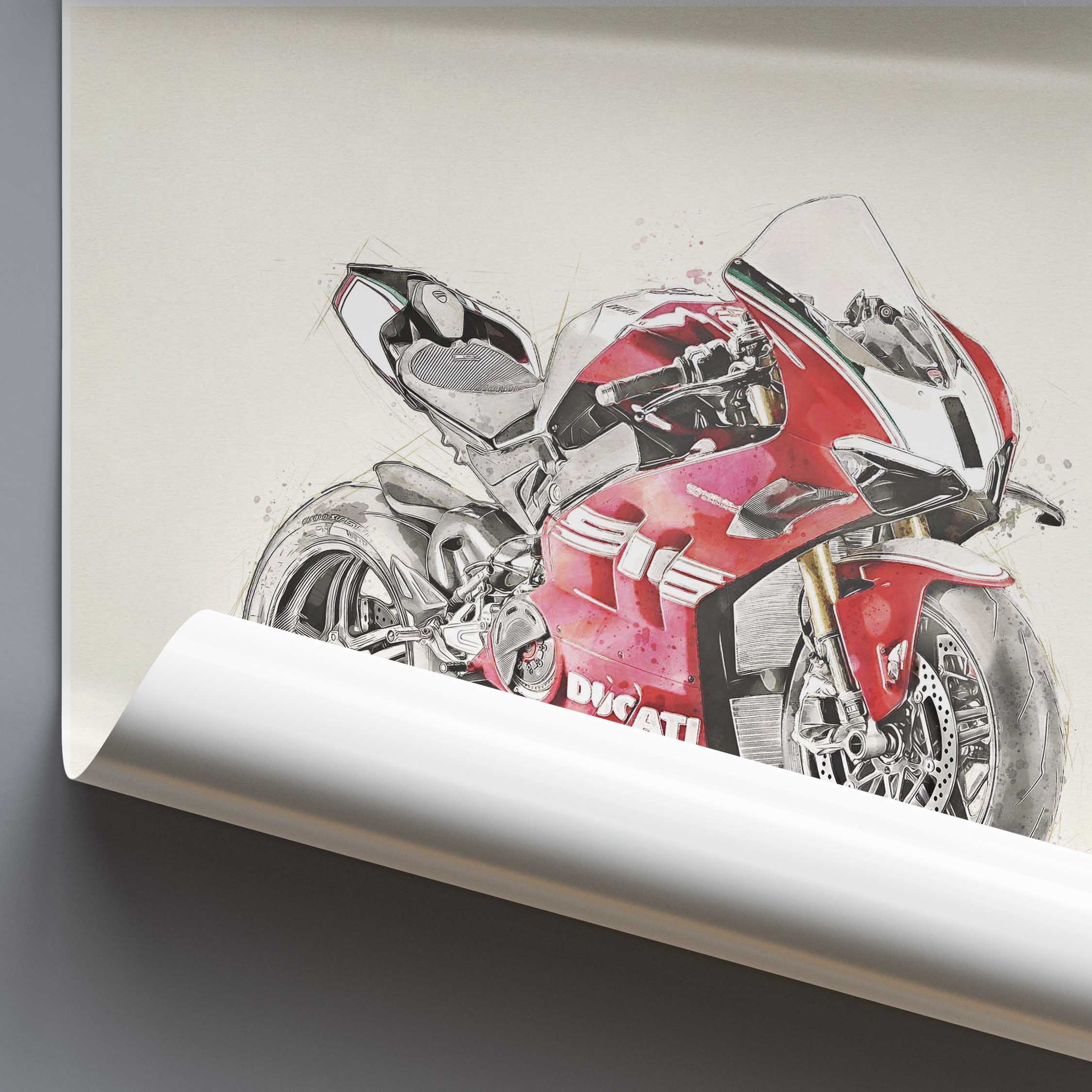 Rolled up poster of a red Ducati motorcycle on a grey background.