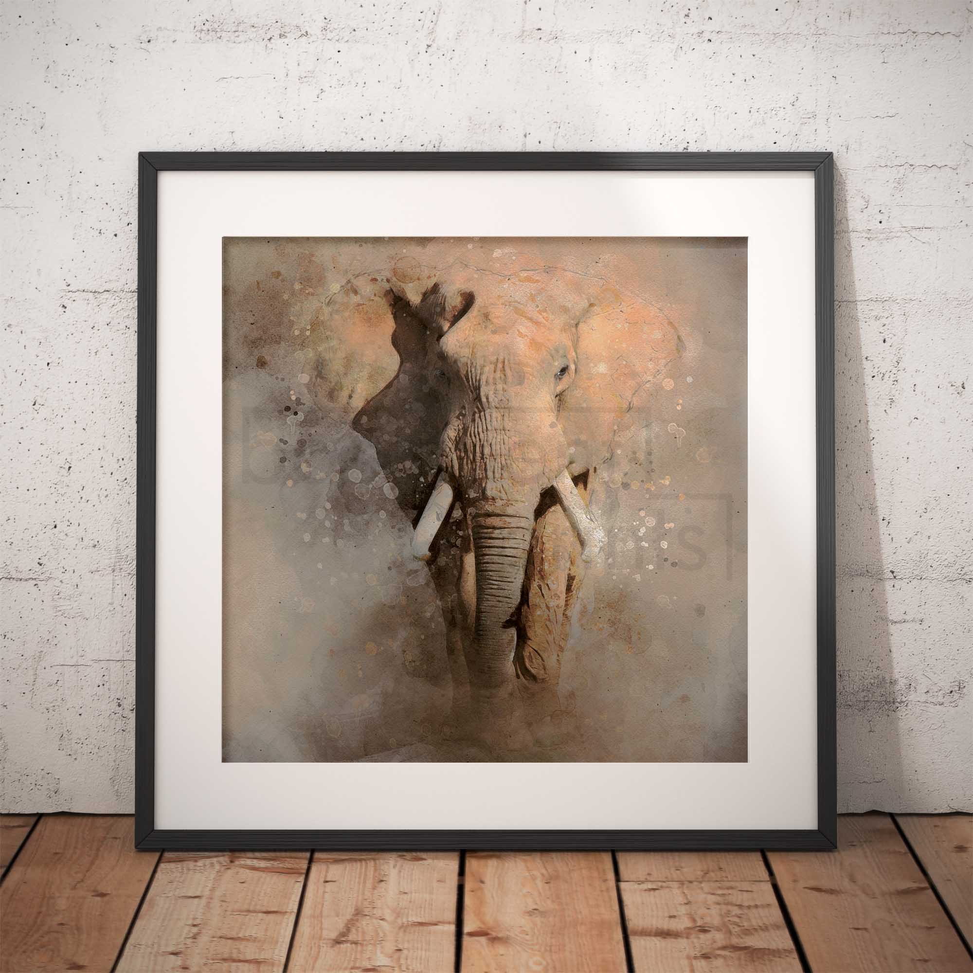Framed artwork of an elephant in dust on a textured wall.