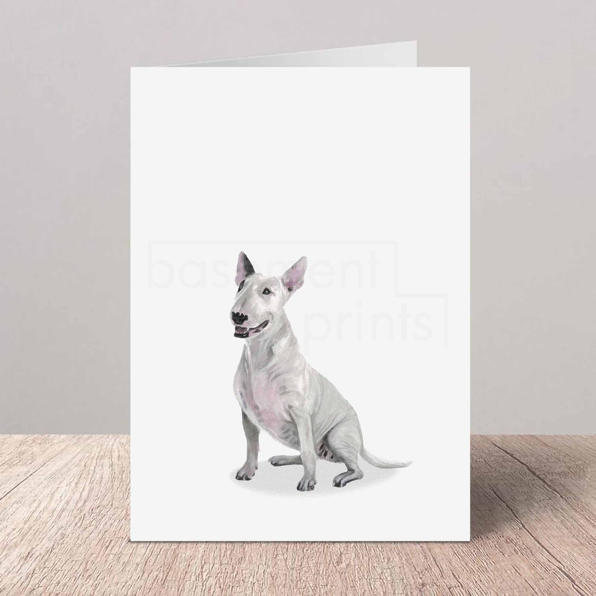 Greeting card with a bull terrier on a white background