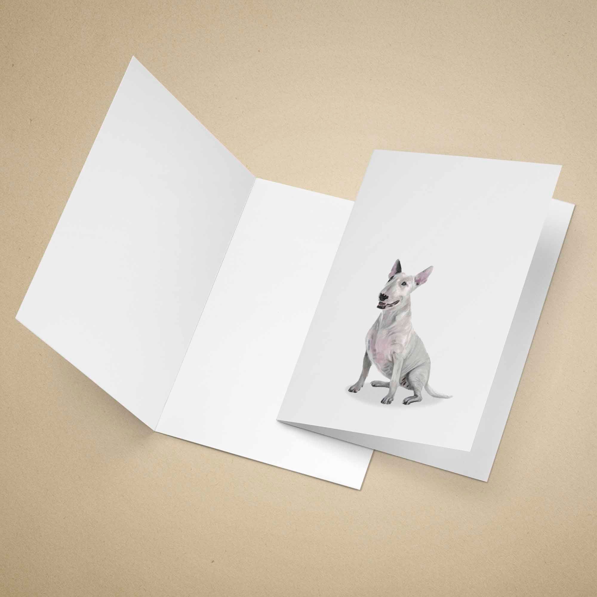 Greeting card with an English Bull Terrier on a beige background
