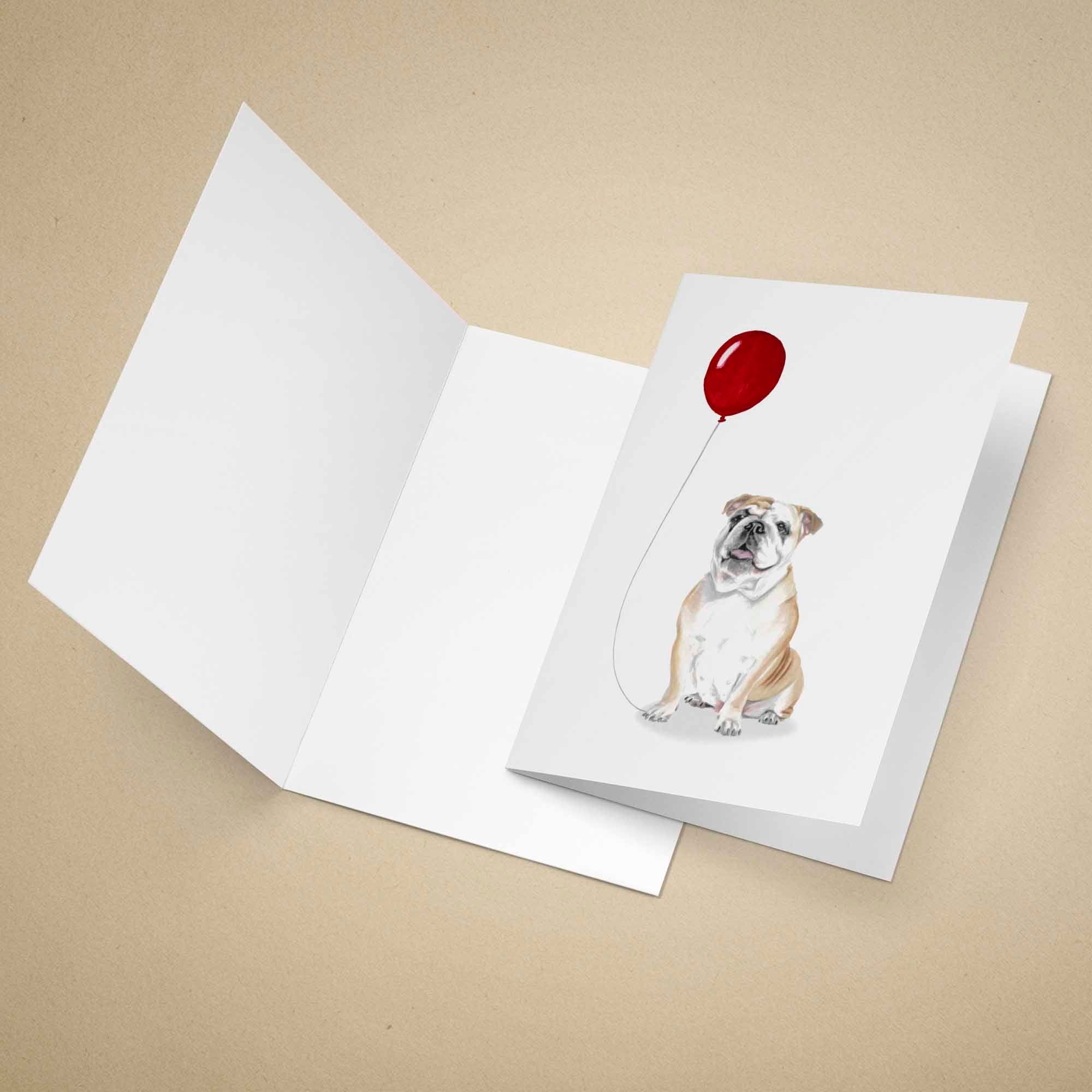 Greeting card with a bulldog holding a red balloon on a beige background