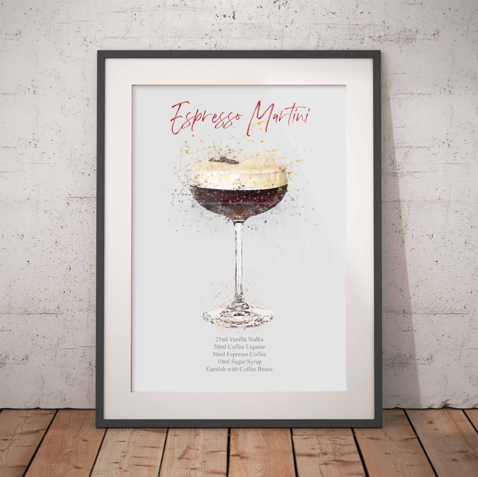 Framed artwork of an Espresso Martini with recipe details on a white background.