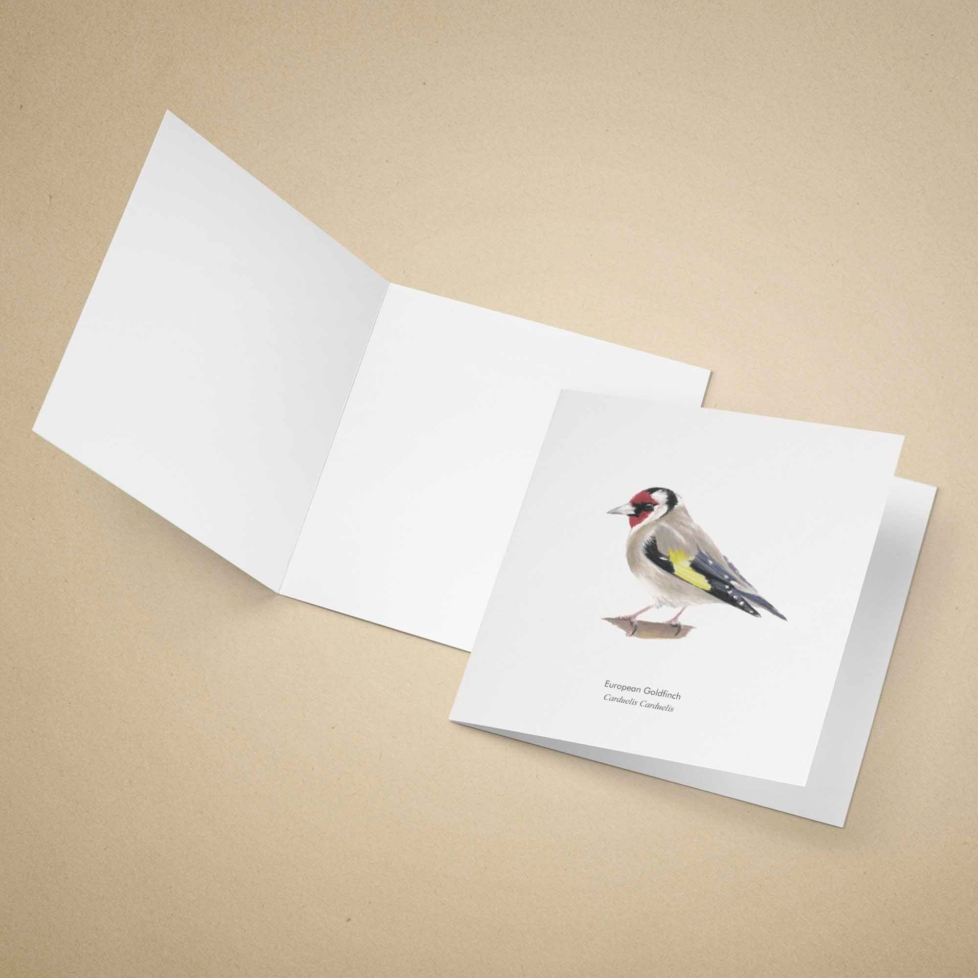 Greeting card with a goldfinch illustration on a beige background