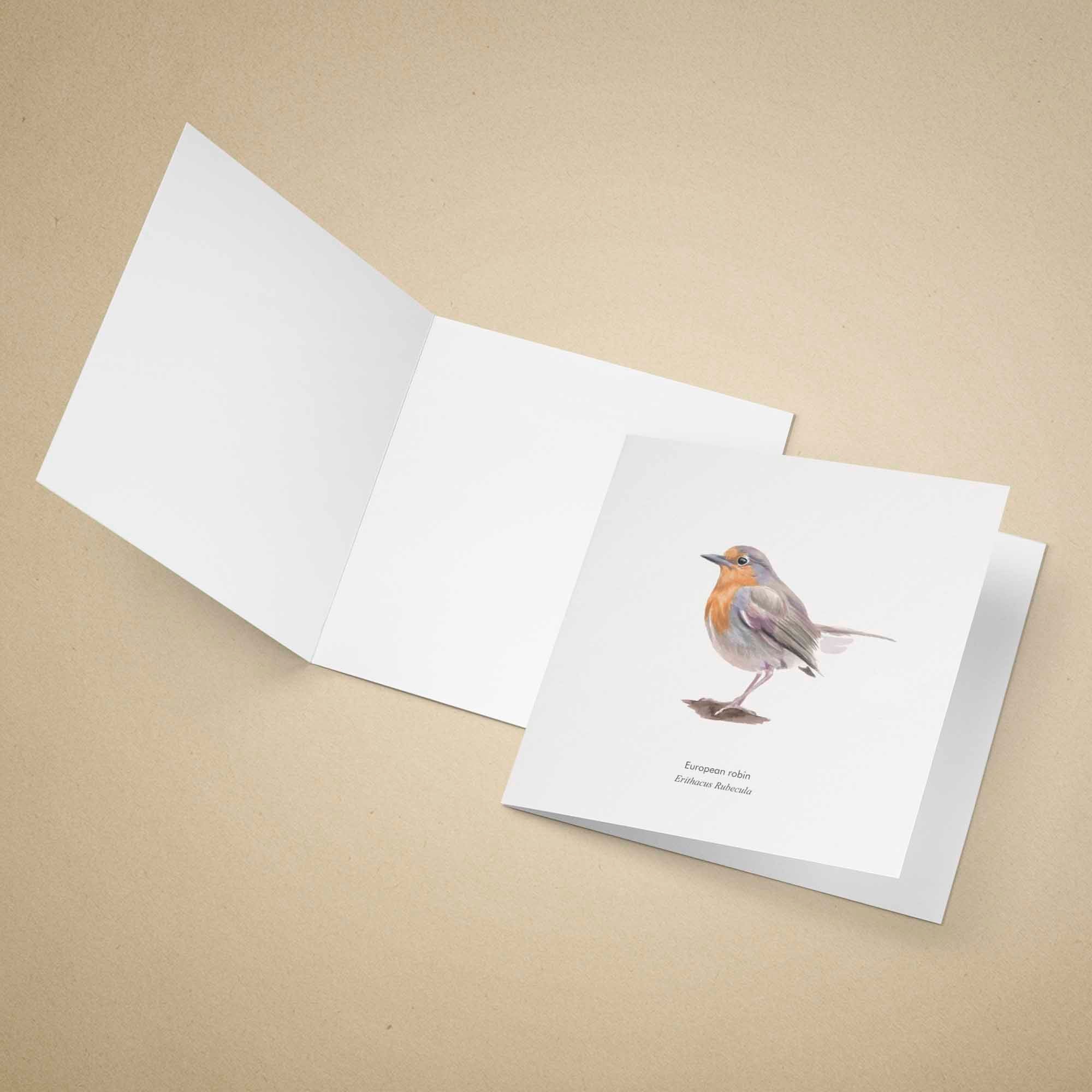 Greeting card with a robin redbreast on a beige background