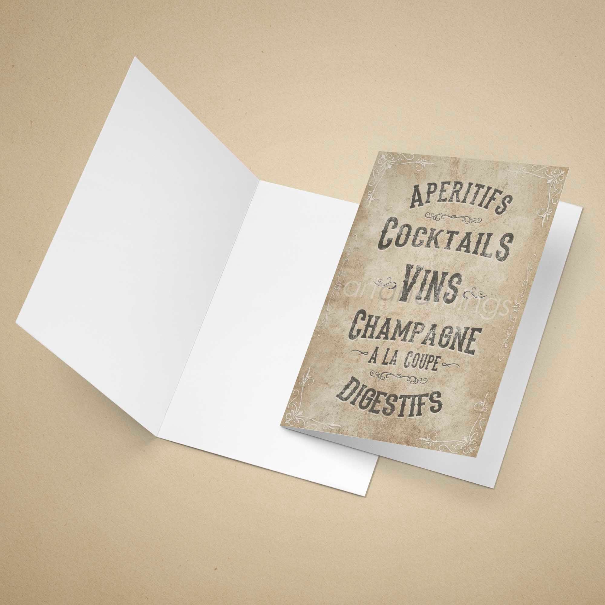 Greeting card with a French vintage drinks menu text on a beige background
