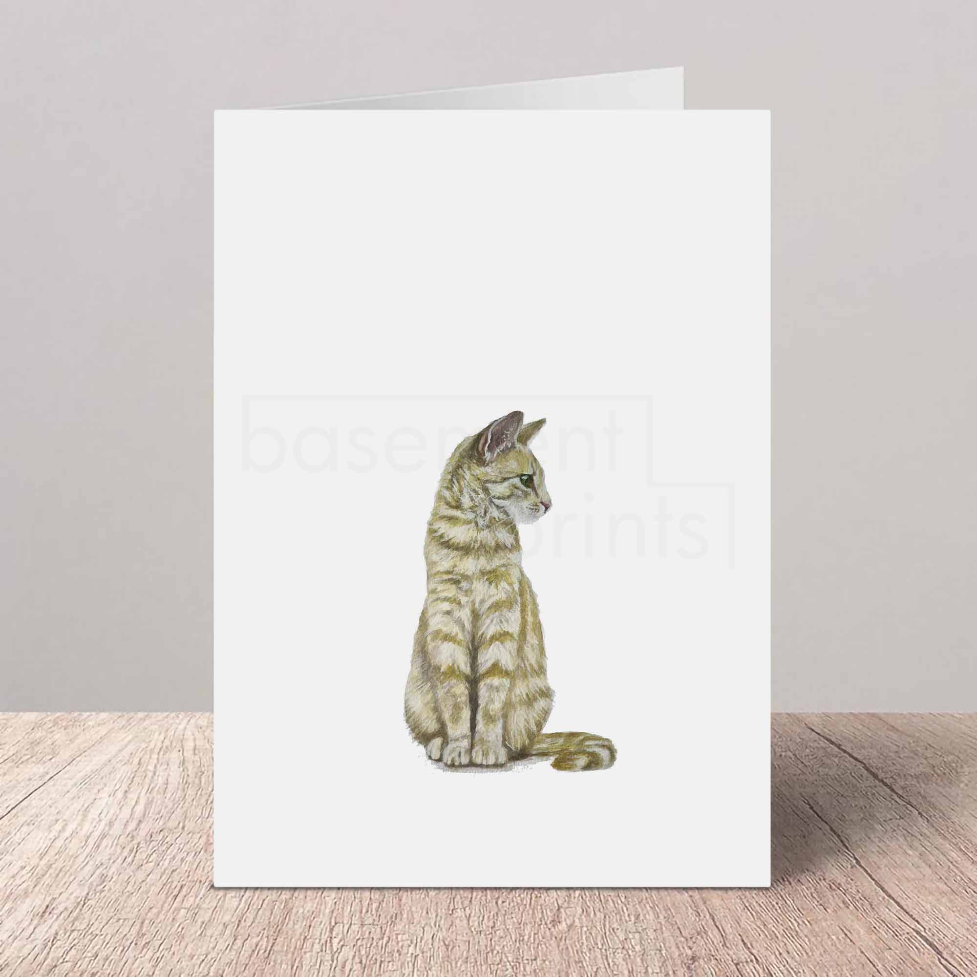 Greeting card with a ginger tabby cat illustration on a white background