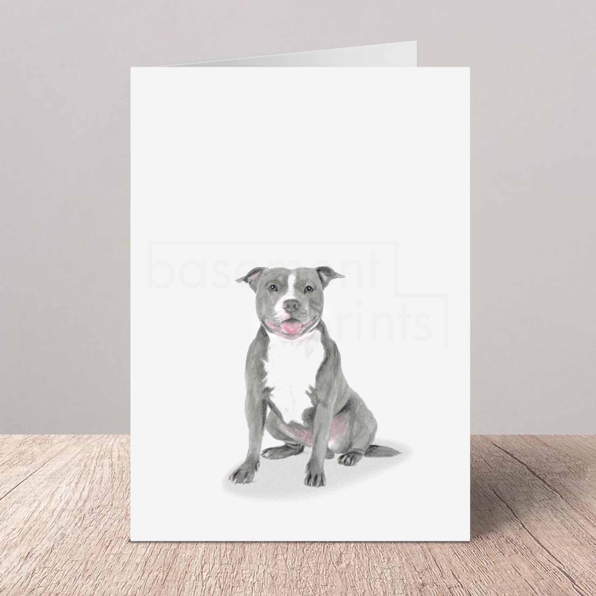 Greeting card with a grey Staffordshire Bull Terrier on a white background