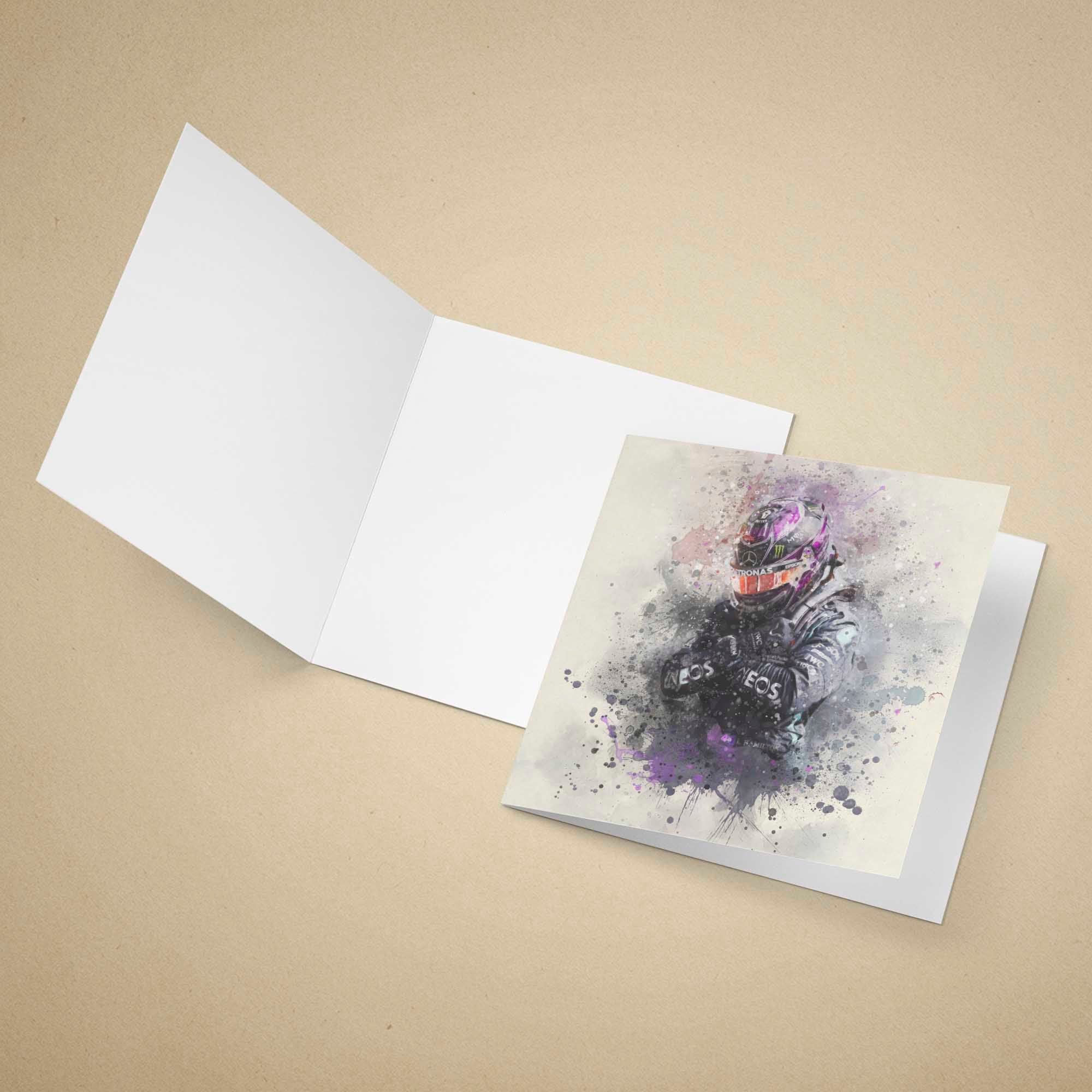 Greeting card with a Lewis Hamilton with a purple helmet on a beige background