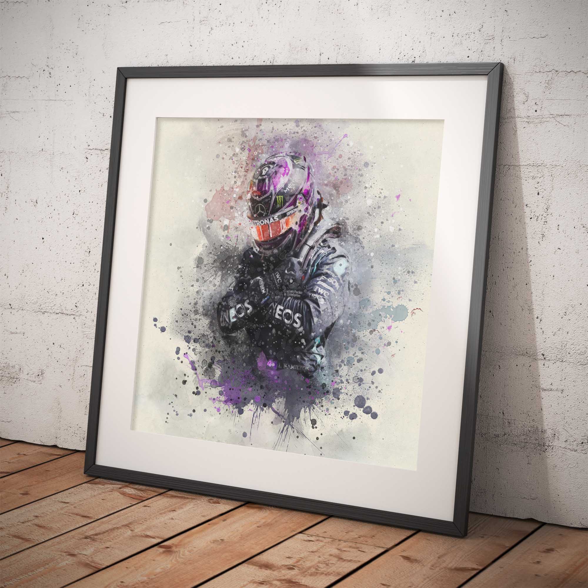 Lewis Hamilton with his Wakanda Forever tribute with splash artwork in a picture frame