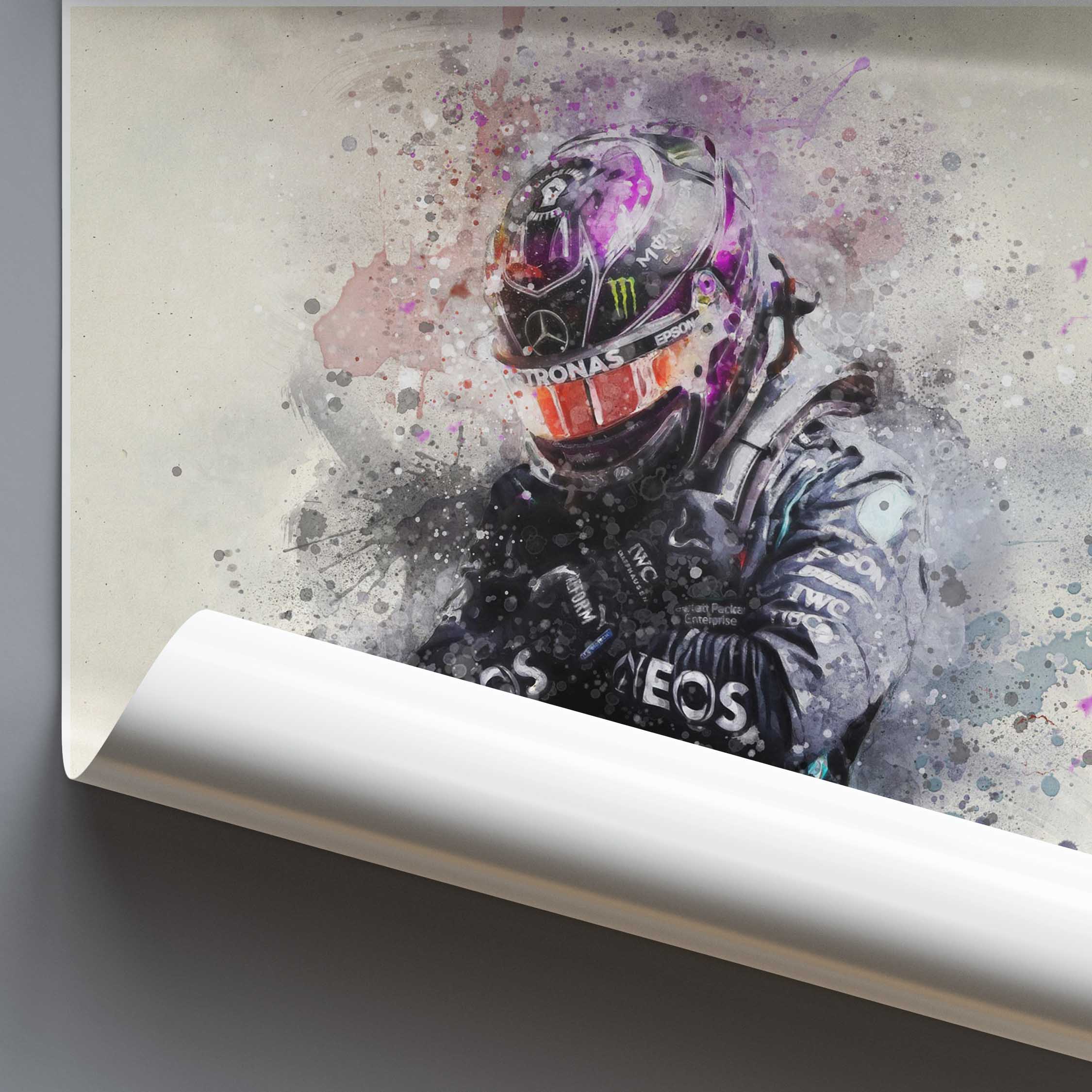 Framed artwork of a racing driver with colorful splashes on a gray background