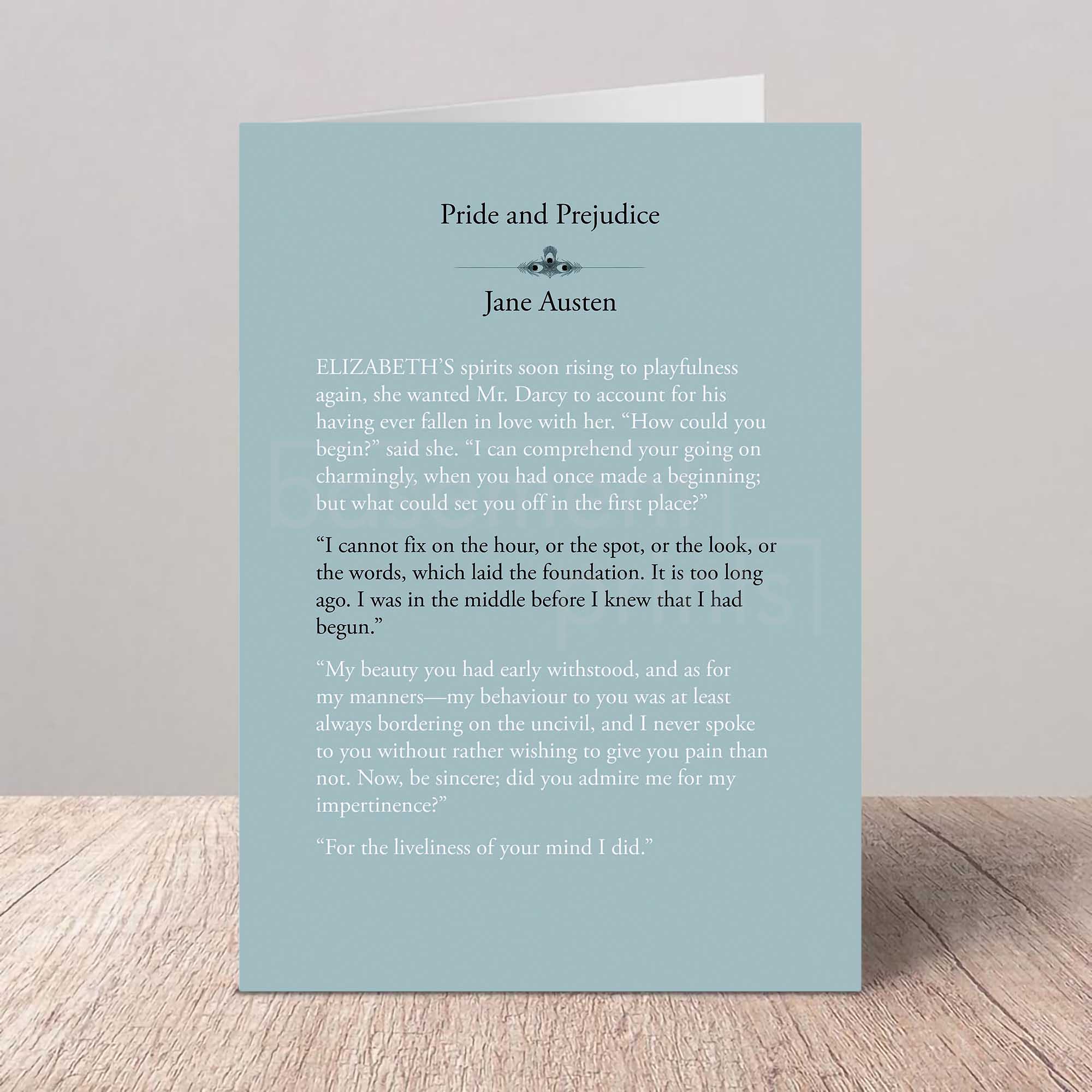 Card with text from 'Pride and Prejudice' by Jane Austen on a light blue background