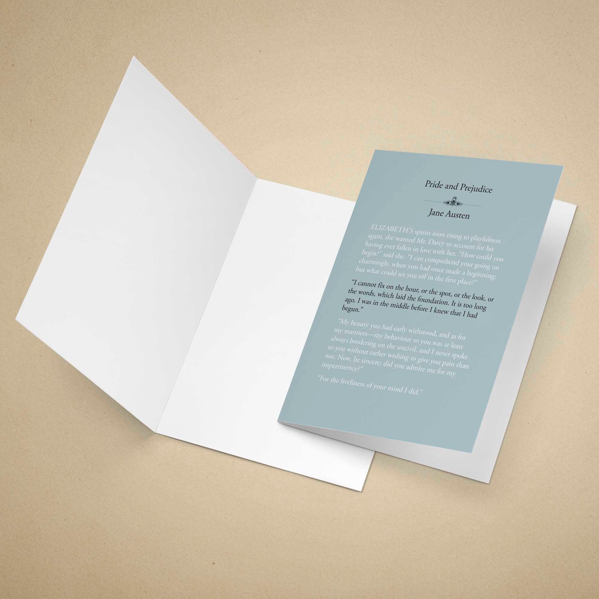 Open card with a blue interior page featuring text on a beige background