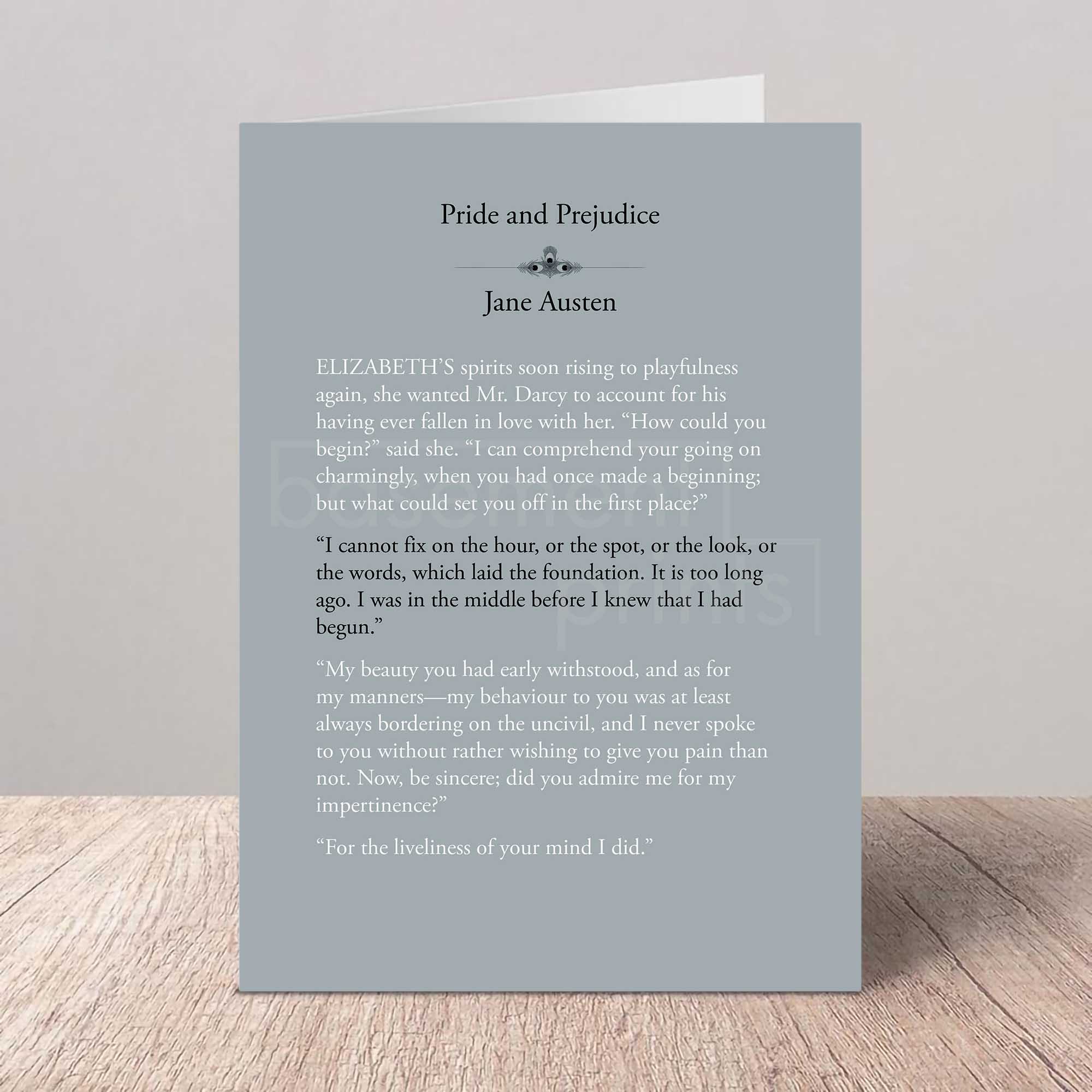 Card with text from 'Pride and Prejudice' by Jane Austen on a gray background