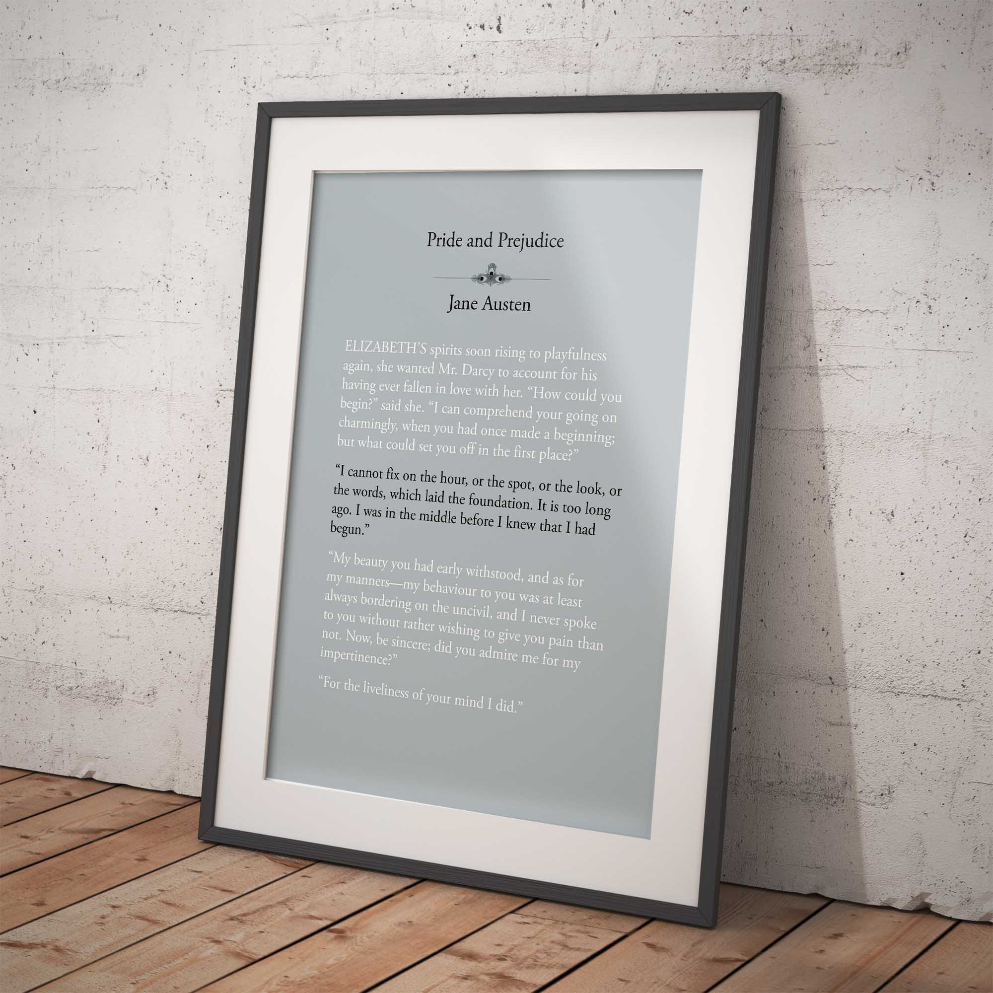 Framed print of a Jane Austen quote on a textured wall.