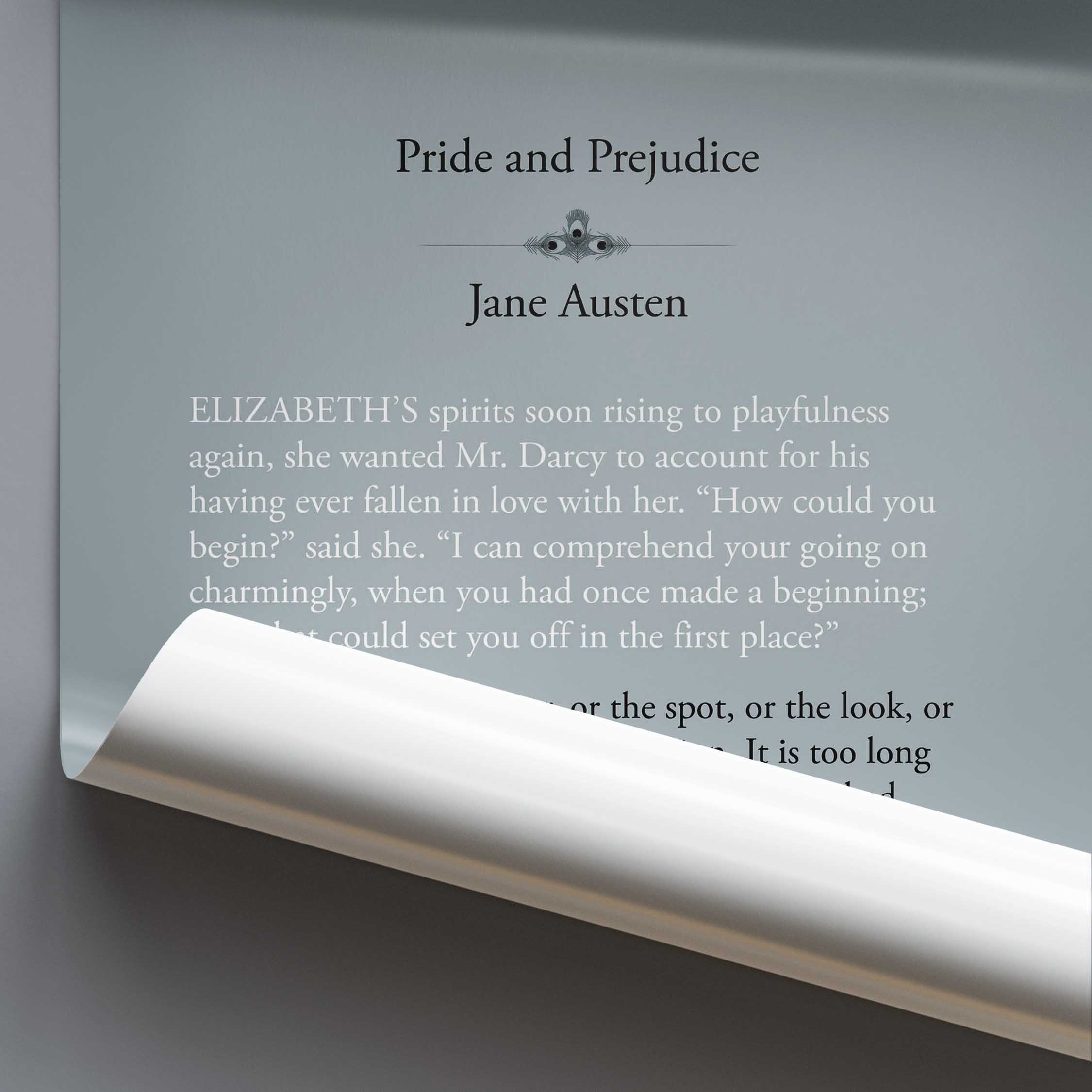 Text from 'Pride and Prejudice' by Jane Austen on a gray background with a white edge.