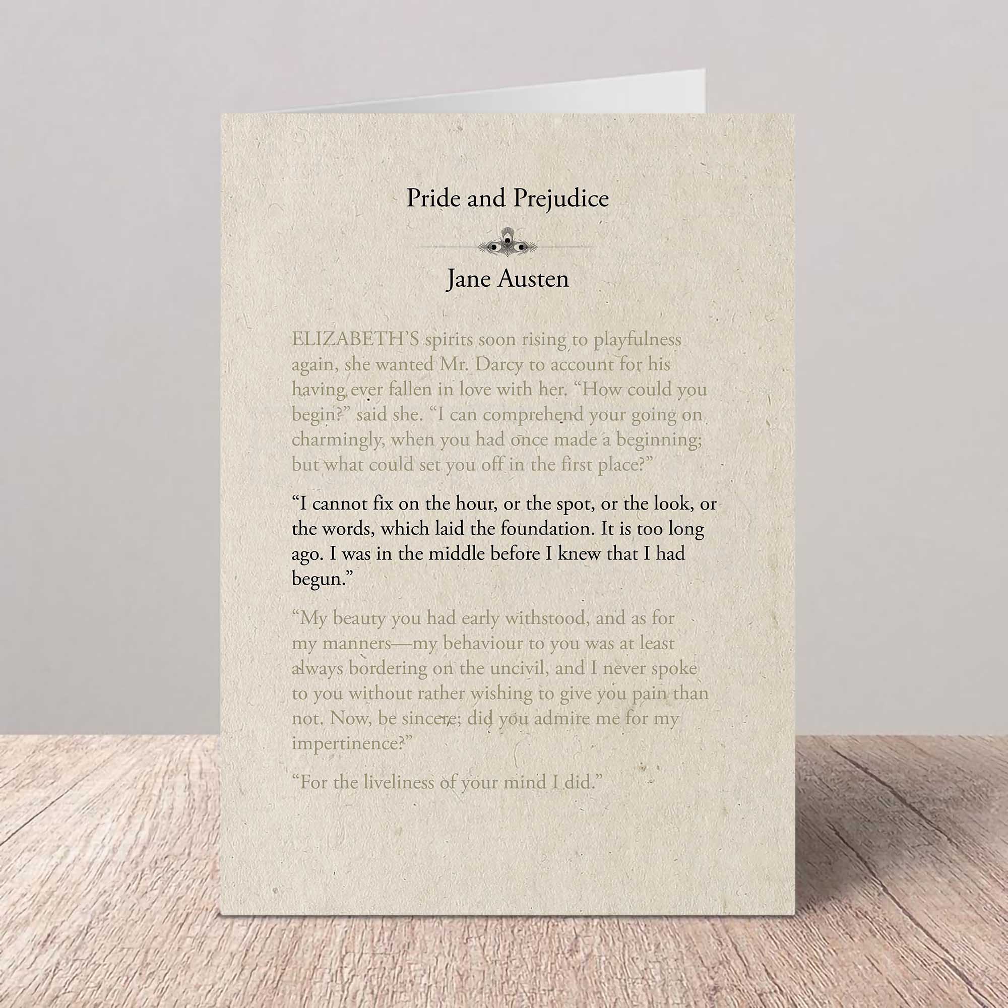 Card with text from 'Pride and Prejudice' by Jane Austen on a textured beige background