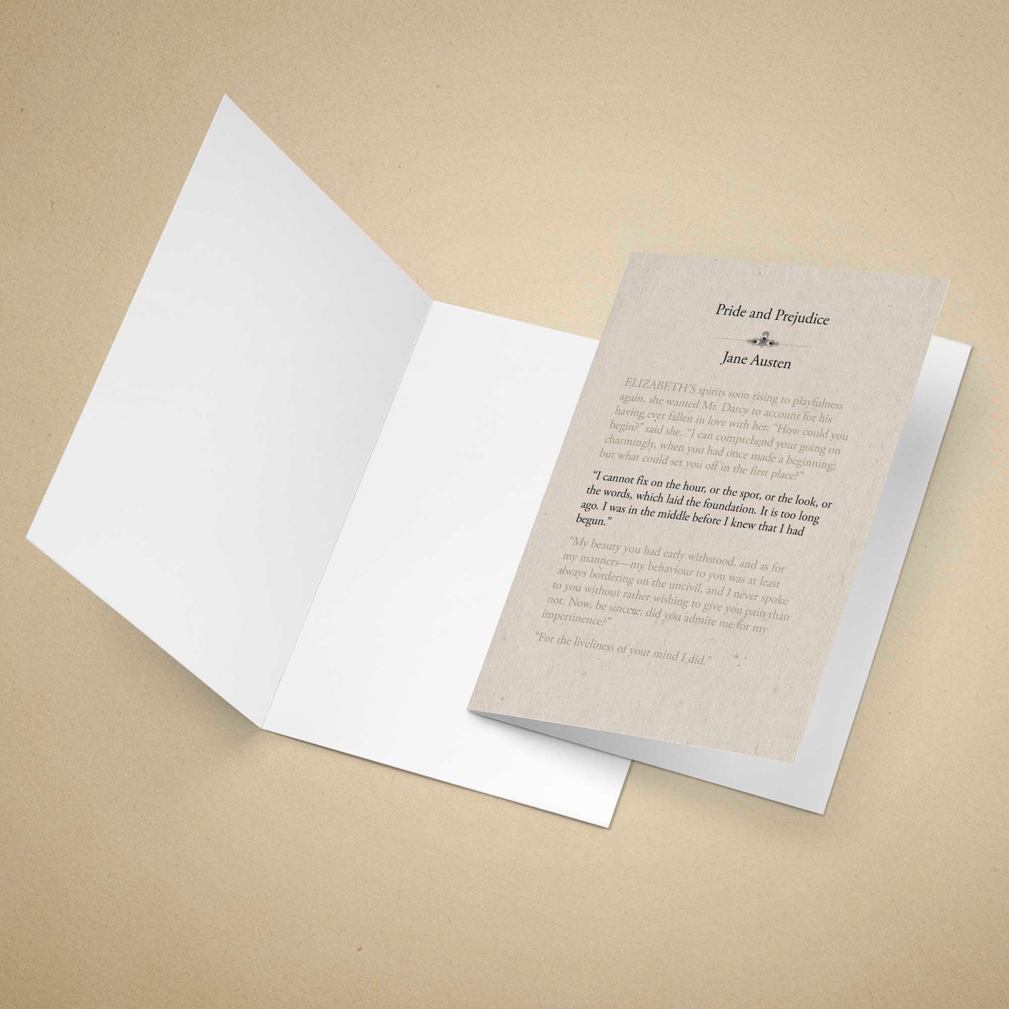 Open book with a page titled 'Pride and Prejudice' by Jane Austen on a beige background