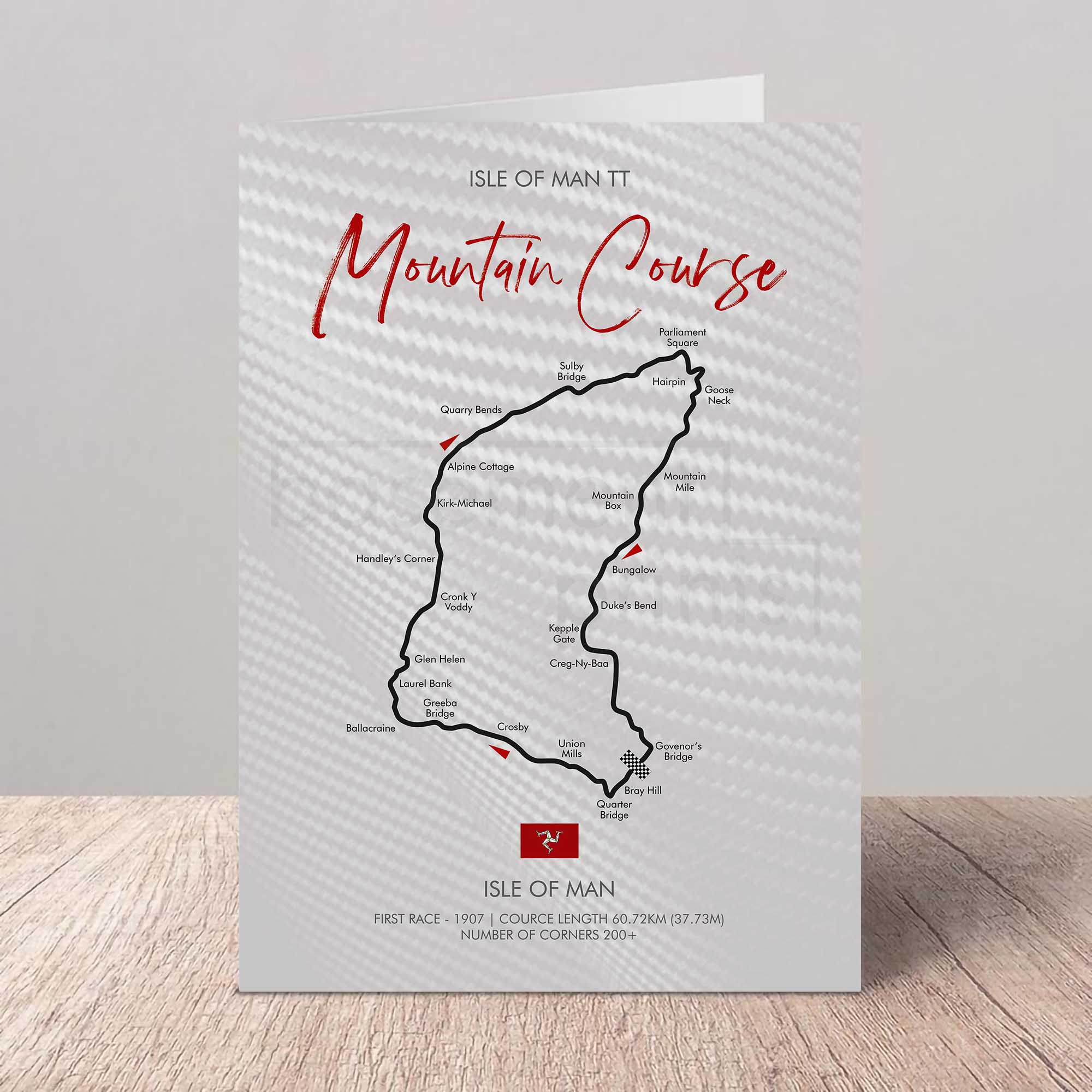 Greeting card of Isle of Man TT Mountain Course on a textured paper background