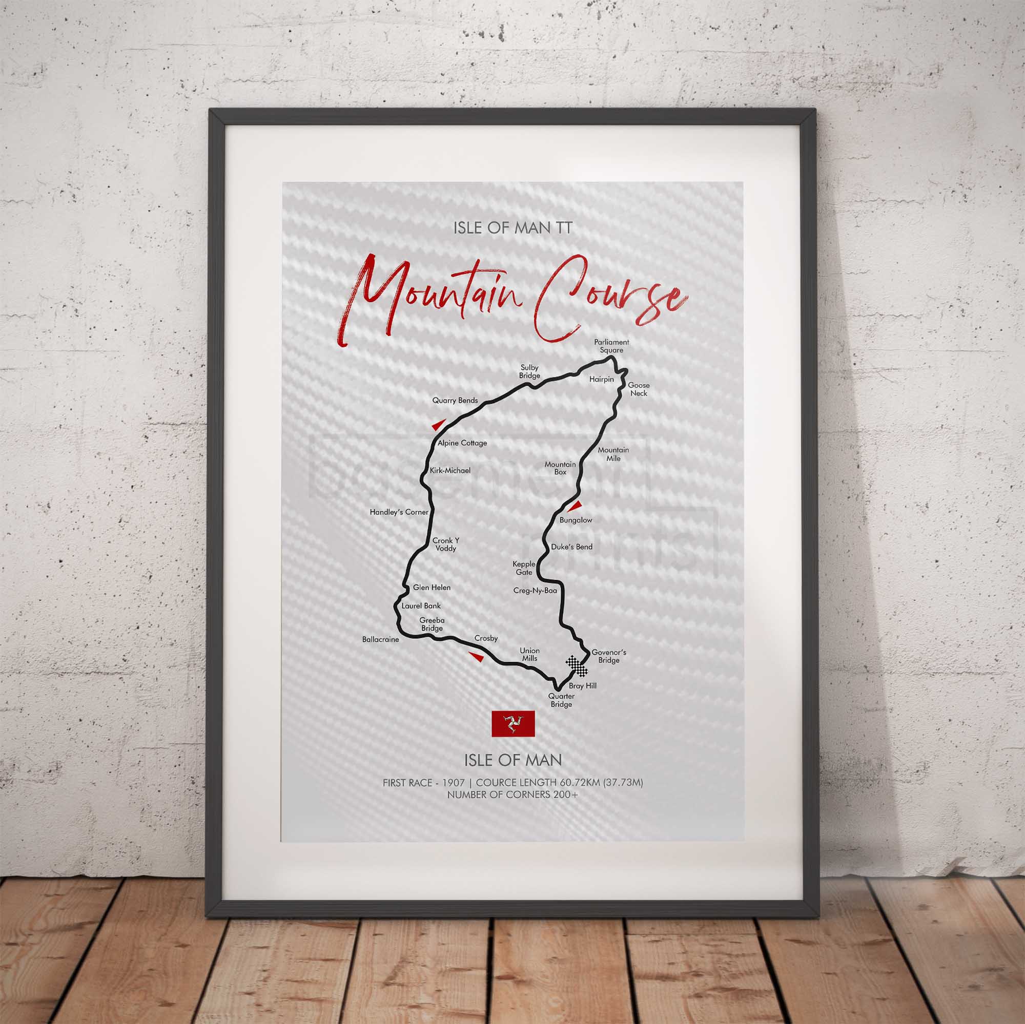 Framed map poster of Isle of Man TT Mountain Course on a white brick wall.